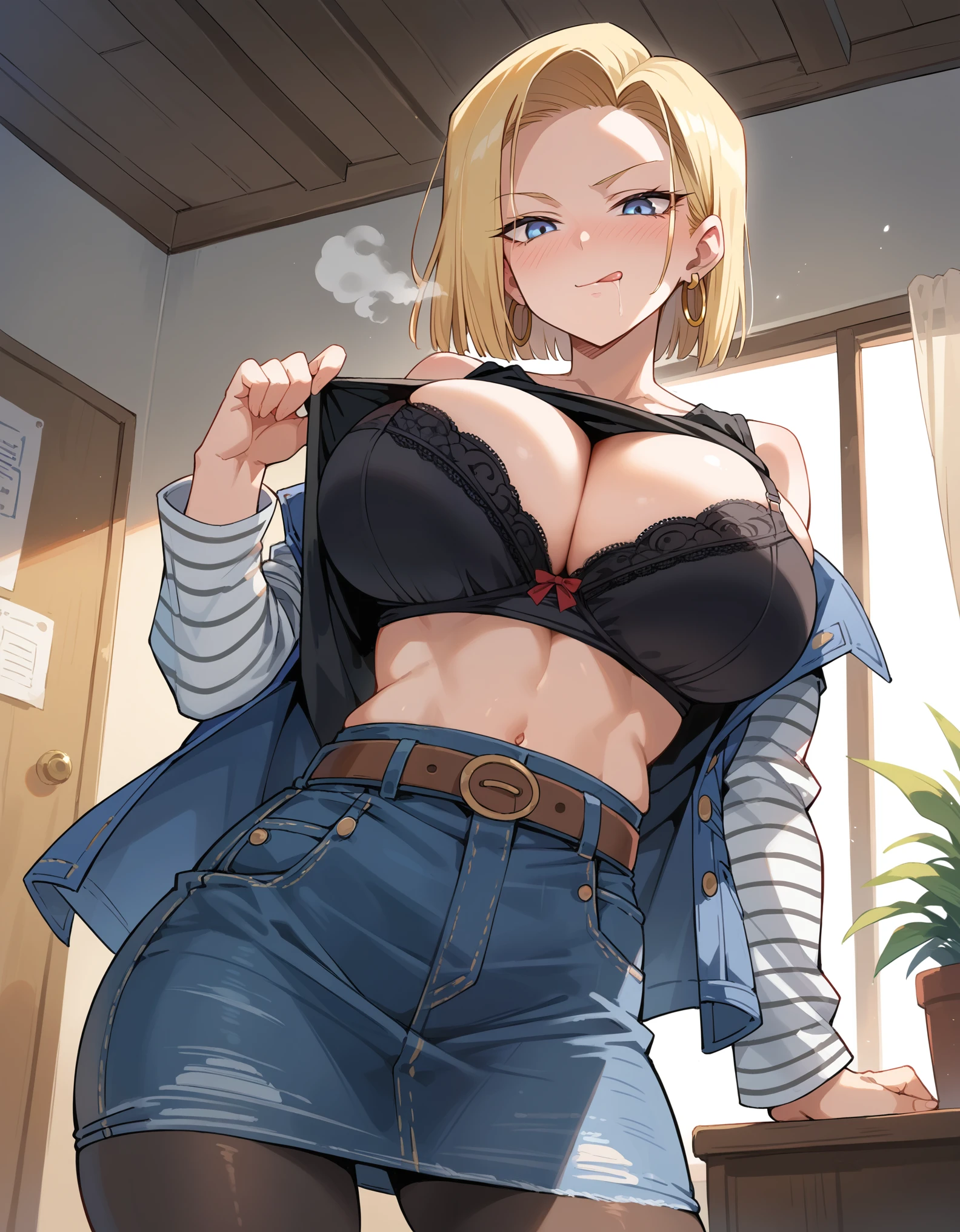 Android 18, blonde hair, blue eyes, eyelashes, hoop earrings, short hair, earrings
belt, black legwear, (black tank top), breast pocket, cleavage, collarbone, (denim, denim skirt), high-waist skirt, jewelry, long sleeves, pocket, shirt, shirt tucked in, skirt, striped, striped sleeves, waistcoat,( black pantyhose),cleavage, large breasts, (huge breasts:1.2),(athletic body),full bust,busty,(Beautifully shaped breasts:1.1) ,(round breasts),((slender)),(curving waist) ,(Skinny Body),((perfect body)),
breath,smirk,nose blush,(breast focus),random situation,(Straddles on top),(Pounding),(Showing off her cleavage),(Show off your chest by putting your finger around your collar),naughty face,(from below),(breast close-up),((shirt lift up)),(color bra:1.2),(Licking one&#39;s lips),(athletic stomach),indoors,bedroom