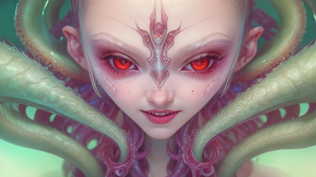 Portrait, (beautiful female alien:1.2),  (There is a female genital-like organ in the middle of the forehead..:1.8), (The most beautiful face in the history of the universe:1.2), (scarlet eyes:1.6), (Translucent skin:1.8), an evil gaze that seduces , (red eyes:1.5), Full body like, (sexypose:1.5), alien, No humans, cells are fused, (Lots of translucent tentacles:1.1) (Translucent skin:1.3), extraterrestrial, cell, bio image, 魅惑的, Best Quality, 8K,4K_quality, High Definition, Dramatic Lighting, masutepiece:1.5,cinematic quality, detail up, (Intricate details:1.2), High resolution, High Definition, drawing faithfully, (Thick eyebrows:1.2), Beautiful eyes with fine symmetry, (Ultra detailed eyes:1.2),(Highly detailed face and eyes:1.2), (High-resolution red-eye:1.4), Intimate face, (Super detailed skin quality feeling:1.4), Perfect ???????,  (Beautiful toned body:1.5),  (Moist skin:1.2), No makeup, (dark circles:1.1), long canines, cinematic drawing of characters, ultra high quality model, cinematic quality, detail up, (Intricate details:1.2), High resolution, High Definition, drawing faithfully, Official art, Unity 8K wall  , 8K Portrait, Best Quality, Very High resolution, ultra detailed artistic photography, midnight aura,  unreal enginee 5, Ultra Sharp Focus, art by alberto seveso, ArtGerm, Roisch, intricate artwork, Medusa, best quality, masutepiece, ultra High resolution, (photos realistic：1.4), Ultra-realistic realism, dream-like,  nautilus, Creation of fantasy, Snail, Dream Snail,  biopunk nautilus, Thrilling color schemes， Ultra-realistic realism， seductively smiling, Blue tentacles