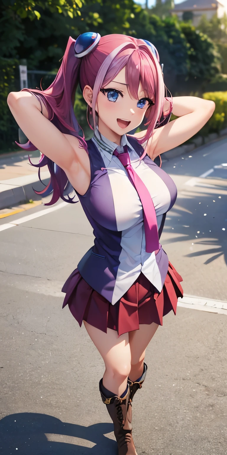 1 Female,High definition,high resolution,Ultra-realistic,8K, hy1, hair ornament, multicolored hair, blue eyes, necktie, skirt, tight skirt,miniskirt,sleeveless ,brown boots, medium breasts,European,sexy,Upper body close-up,Photographed from the front,Dynamic Angles,blush, medium tits,(full body), Multicolored hair , perfect face,detailed face, perfect face,8k,(arms behind head),open mouth,smile