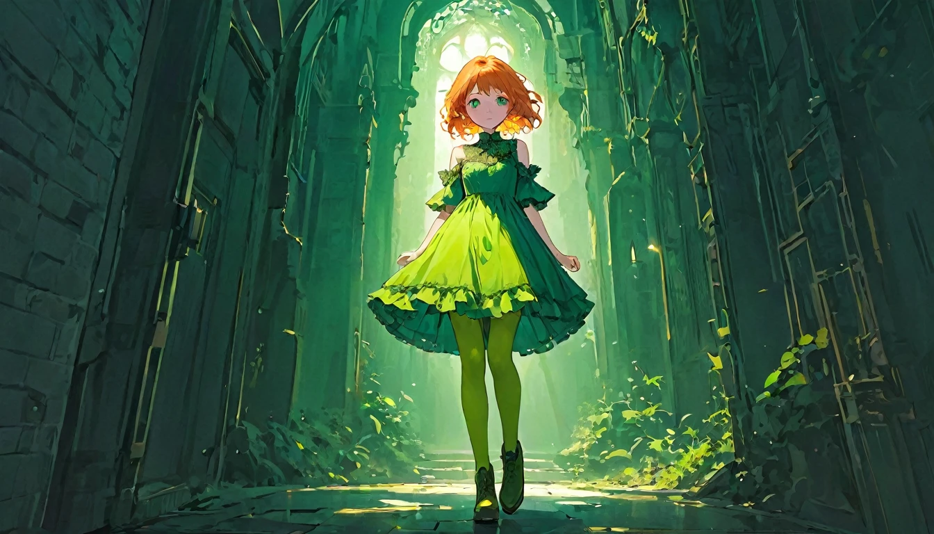 1girl, green eyes, purple pendant, orange hair, medium hair +++ yellow pantyhose, green dress,  light green shirt, green boots Hiding face with arm, looking to the side, extremely quality extremely detailed, illustration, cute anime face cinematic lighting,A young woman stands in front of an abyss background、She is wearing a gorgeous dark blue dress。The dress is decorated with lace and frills.、Bare shoulder design.。The Woman&#39;Long hair is soft and wavy、Her head is adorned with a red flower hair accessory.....。 has gorgeous gold earrings hanging from her ears....。 The Woman&#39;His face is full of confidence、The slightly sad eyes are characteristic.。The details on the dress are exquisite、 The flower decoration on her chest is particularly eye-catching....。Butterflies fluttering in the background.、Creates a fantastic and romantic atmosphere.。 Overall、Feminine beauty and passionate red stand out.、Gives a dramatic and elegant look。