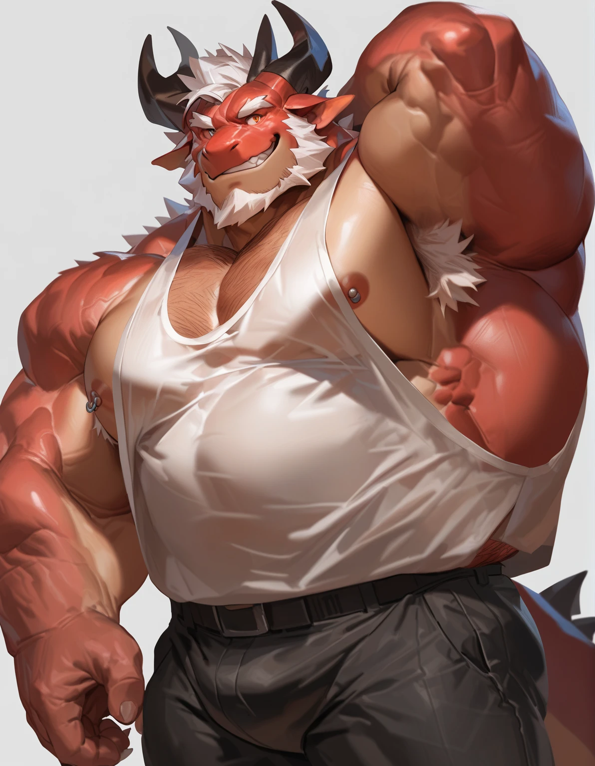 by_lindong, nipples piercing, solo, 1boy, Huge Muscular Old man wearing strap, (furry red dragon, horn), thick chest hair, armpit hair, pectoral, thick arms, huge pectoral, wide pectoral, short white hair, black pants and tank top:1.3, clean face, simple background, masterpiece, semirealistic:1.2, high detailed, 8k, high resolution, grin, pose, looking to camera