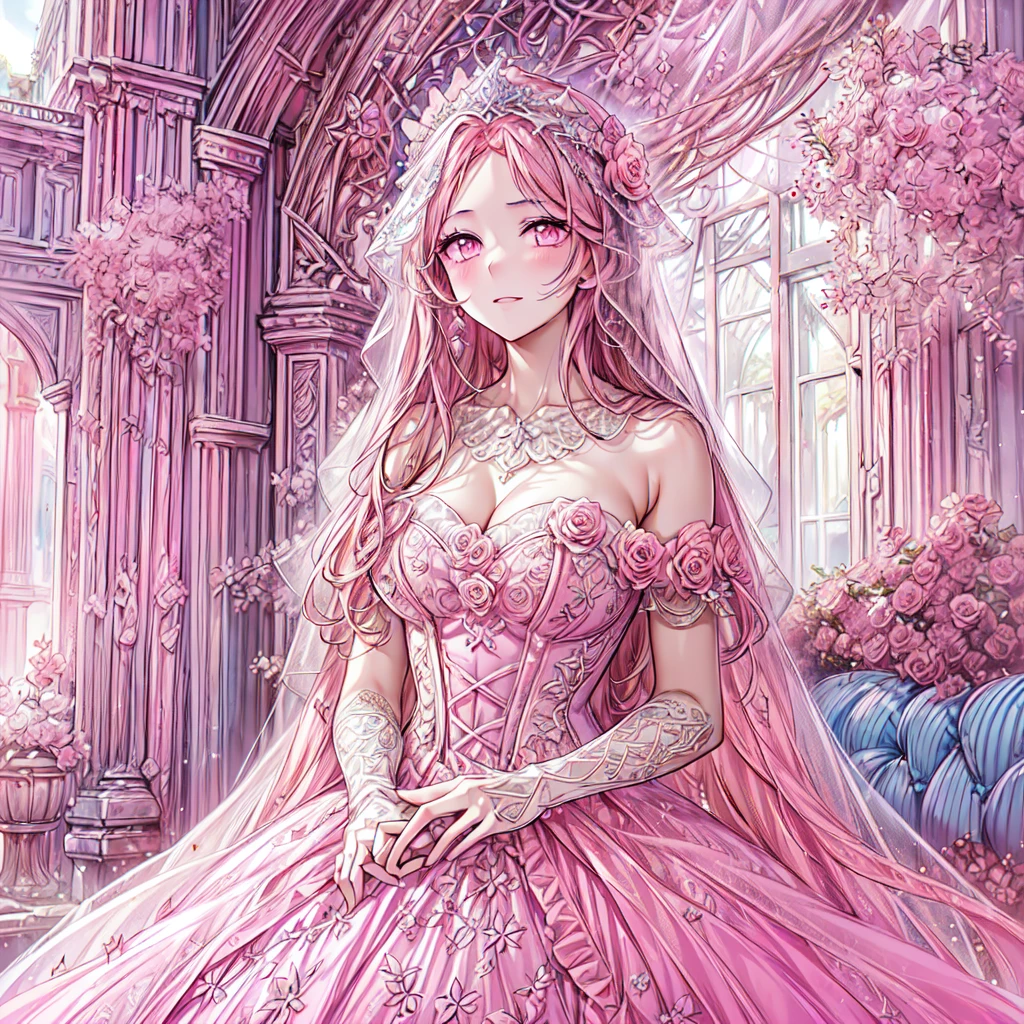 full dress shot, shot from above, frontal shot, full-body illustration, (((full body, depicts whole body, full body portrait, whole body))), portrait, 1girl, solo, beautiful gorgeous captivating cute adorable princess, looking at viewer, cute blush, (blushing:1.5), heavy blush, (pink eyes:1.5) ,(((hyper detail delicate beautiful eyes , big eyes, clear eyes, extremely detailed))), (soft thin lines:1.2, beautiful, delicate and pretty face, young face, smiling), ((large amount of straight hair, extremely voluminous very long hair, absolutely long straight hair)), (pink hair:1.5), (extremely gorgeous full hair ornament, bling-bling extremely gorgeous full jeweled tiara), (long bridal veil:1.2), (face veil:1.5), frilly collar, luxurious jewelry, skin dentation, pale skin, slim, (extremely gigantic large breasts:1.5), breasts cleavage, breasts focus, (((extremely detailed hands, delicate hands, beautiful hands, 5-fingers))), (holding a bouquet of flowers:1.1), (frilly long gloves:1.5) (pure pink gown dress:1.5), (((pure pink lace and frills, dress with motif of ribbons and flowers, detailed gorgeous princess ballgown with voluminous full length hoop skirt, gorgeous princess long rococo ballgown with long train, gorgeous princess long rococo ballgown with beautiful embroidery and jeweled))), (long train gown:1.2) , (puffy gown:1.2), (floor length gown:1.5), (gown trailing:1.2), (long sleeves gown:1), (pink laced leather corset:1.5), masterpiece, (Full-HD:1.5), (highres:1.5), (absurdres:1.5), (high quality:1.5), (high resolution:1.5), (best image:1.5), (ultra quality:1.5), HDR, 16K, 32K, (ultra resolution:1.5), (ultra detailed:1.5), (highly detailed:1.5), fantasy scene, dreamy fantasy, fantasy palace background, (standing:1), (glow, god rays, radiant, ethereal, dreamy, heavenly, otherworldly, dream-like, breathtaking, captivating, divine), (depth of field), sharp focus, soft lighting