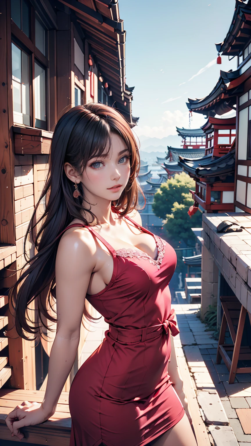 Arabian woman standing on top of a building overlooking the city, Ulzzang,  Korean Girl ,   Portrait ,  long flowing , 🤤 Portrait of a Girl, Chiho, Yoshitomo Nara,  Black Pink Joshi Portrait ,  young asian girl , From 8k matte, egirl, e - Girl