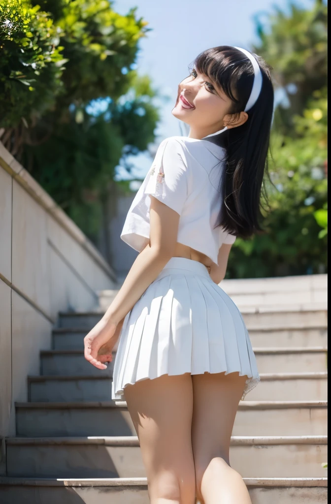 1girl in, :D, yo, ((white pleated mini skirt:1.2)), ((white panty:1.2)), animal ear fluff, Animal ears, Bangs, black hairbanD, long black hair, Blurry, Blurry backgrounD, Depth of fielD, Dress, flower, flower pot, hairbanD, holDing, Long hair, Open mouth, pink flower, plant, potteD plant, sketch, ((white plain t-shirt1.2)), Smile, Solo, tail, Wrist cuffs, yellow flower, ((walking up long stairs:1.2)), ((low angle:1.2)), ((back shot:1.2)),  ((viewer is looking up her:1.2)), ((white pleated mini skirt:1.2)), ((white panty is exposed:1.2))