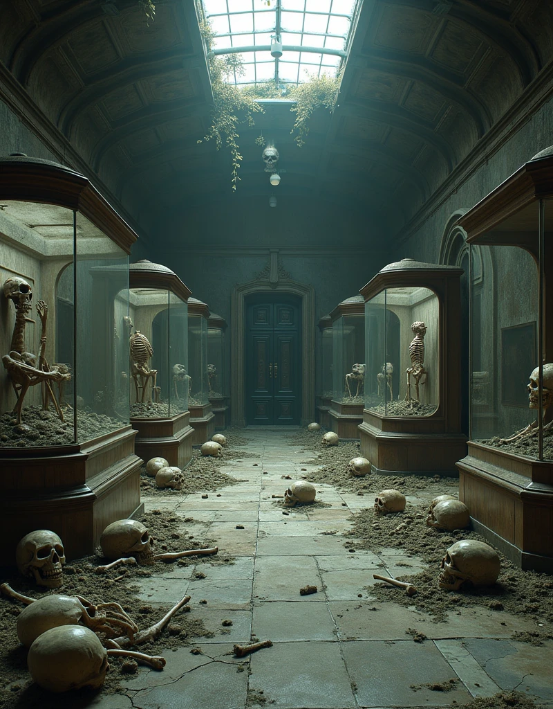  human skulls and skeletons are lying on the dusty dirty floor, , one skull is turned onto exhibits (  in dusty showcases stuffed long-rotten animals and fish ) in an abandoned museum  ( shadows of people on the museum walls among the dusty exhibits  ( in an abandoned old museum ), old dilapidated evolution museum ,No light, all in the dust and sand ,  the roof is broken and light and the gray and gray sky break through, photoprealism , many exhibits are destroyed and corrupted ,Abandoned,  the marble floor is cracked and littered with mousse ,