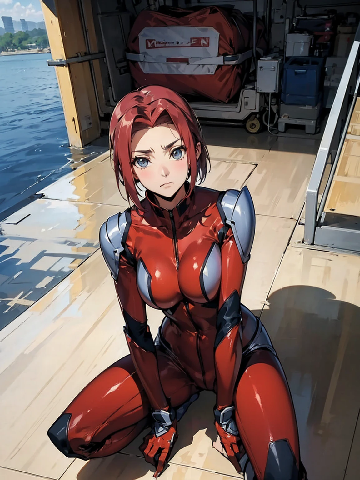  Karen Kouzki、masterpiece,Best Quality、 Ultra HD、Exquisite depiction、Detailed texture expression、 best quality, masterpiece,  high definition, Alone,I'm wearing a red pilot suit、Sit with your hands on the ground、Open the front of the suit