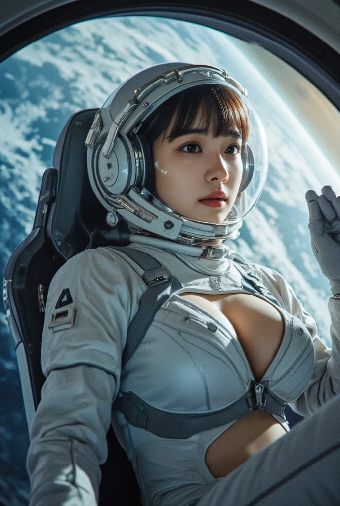 28 years old French woman, ((full body)), ((nude)), ((heavily armored space commander)), beautiful chest, sitting with her legs spread apart in the space ship in deep space far from the galaxy, no planet and no moon around there, fighting the huge alien space ship, milky way outside of the ship, zoom in from below