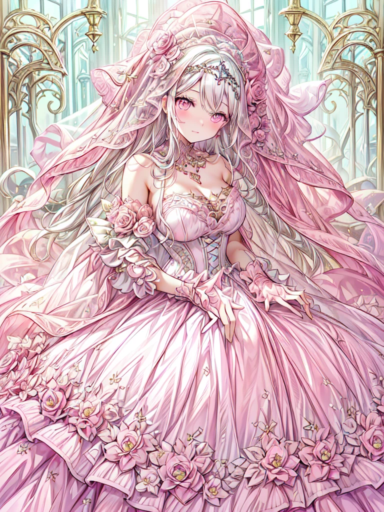 full dress shot, shot from above, frontal shot, full-body illustration, (((full body, depicts whole body, full body portrait, whole body))), portrait, 1girl, solo, beautiful gorgeous captivating cute adorable princess, looking at viewer, cute blush, (blushing:1.5), heavy blush, (pink eyes:1.5) ,(((hyper detail delicate beautiful eyes , big eyes, clear eyes, extremely detailed))), (soft thin lines:1.2, beautiful, delicate and pretty face, young face, smiling), ((large amount of straight hair, extremely voluminous very long hair, absolutely long straight hair)), (white hair:1.5), (extremely gorgeous full hair ornament, bling-bling extremely gorgeous full jeweled tiara), (long bridal veil:1.2), (face veil:1.5), frilly collar, luxurious jewelry, skin dentation, pale skin, slim, (extremely gigantic large breasts:1.5), breasts cleavage, breasts focus, (((extremely detailed hands, delicate hands, beautiful hands, 5-fingers))), (holding a bouquet of flowers:1.1), (frilly long gloves:1.5) (pure pink gown dress:1.5), (((pure pink lace and frills, dress with motif of ribbons and flowers, detailed gorgeous princess ballgown with voluminous full length hoop skirt, gorgeous princess long rococo ballgown with long train, gorgeous princess long rococo ballgown with beautiful embroidery and jeweled))), (long train gown:1.2) , (puffy gown:1.2), (floor length gown:1.5), (gown trailing:1.2), (long sleeves gown:1), (pink laced leather corset:1.5), masterpiece, (Full-HD:1.5), (highres:1.5), (absurdres:1.5), (high quality:1.5), (high resolution:1.5), (best image:1.5), (ultra quality:1.5), HDR, 16K, 32K, (ultra resolution:1.5), (ultra detailed:1.5), (highly detailed:1.5), fantasy scene, dreamy fantasy, fantasy palace background, (standing:1), (glow, god rays, radiant, ethereal, dreamy, heavenly, otherworldly, dream-like, breathtaking, captivating, divine), (depth of field), sharp focus, soft lighting