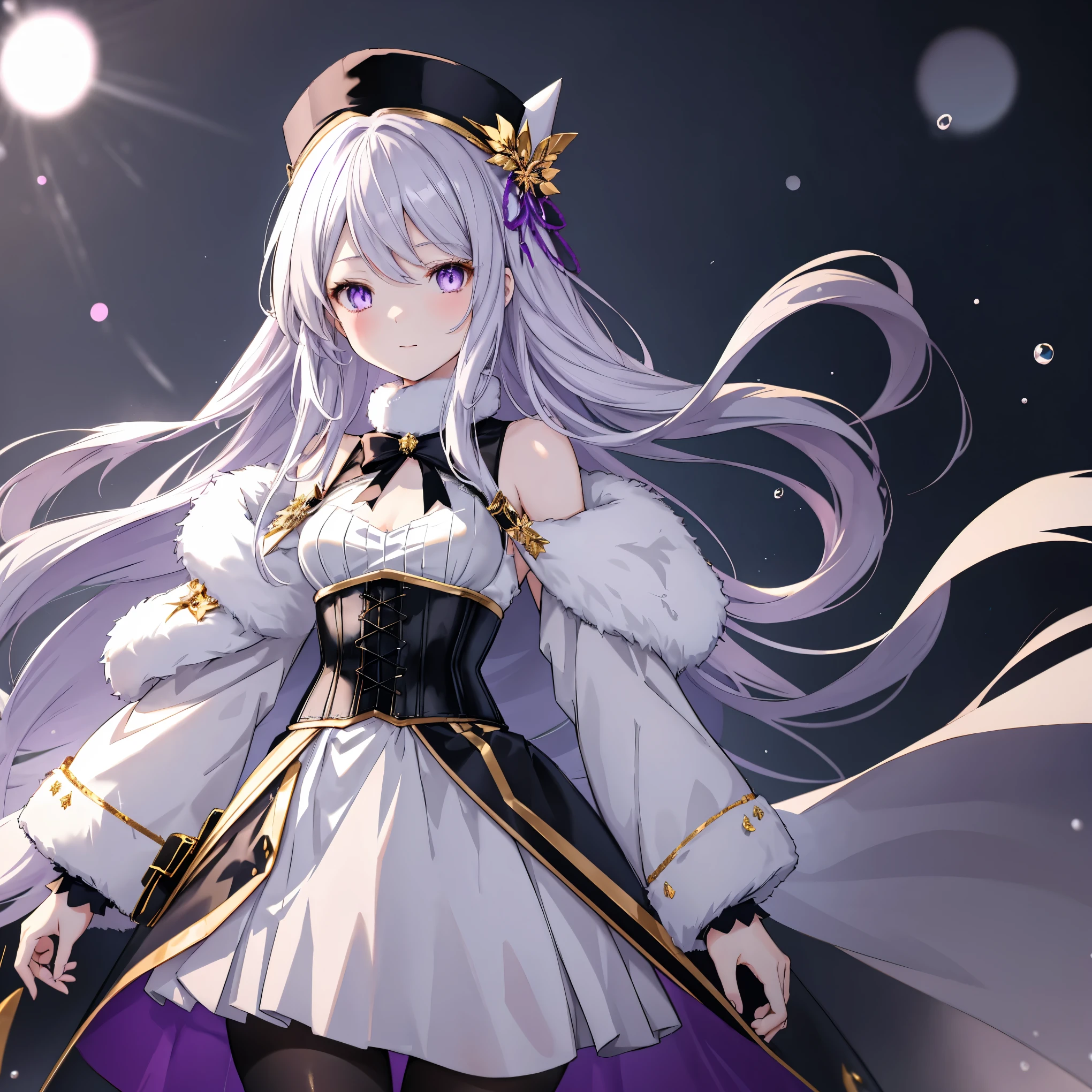 Create an anime-style character of a beautiful young woman with long, flowing silver hair and captivating purple eyes. She is wearing a winter-themed outfit with a fluffy, white, fur-lined dress and matching hat. The dress has intricate black and gold details, with a corset-like design at the waist, flared skirt, and transparent long sleeves. She also has black tights and a gentle, warm expression. The background is dark, highlighting her delicate features and elegant outfit, with small, floating water droplets around her for an ethereal effect.