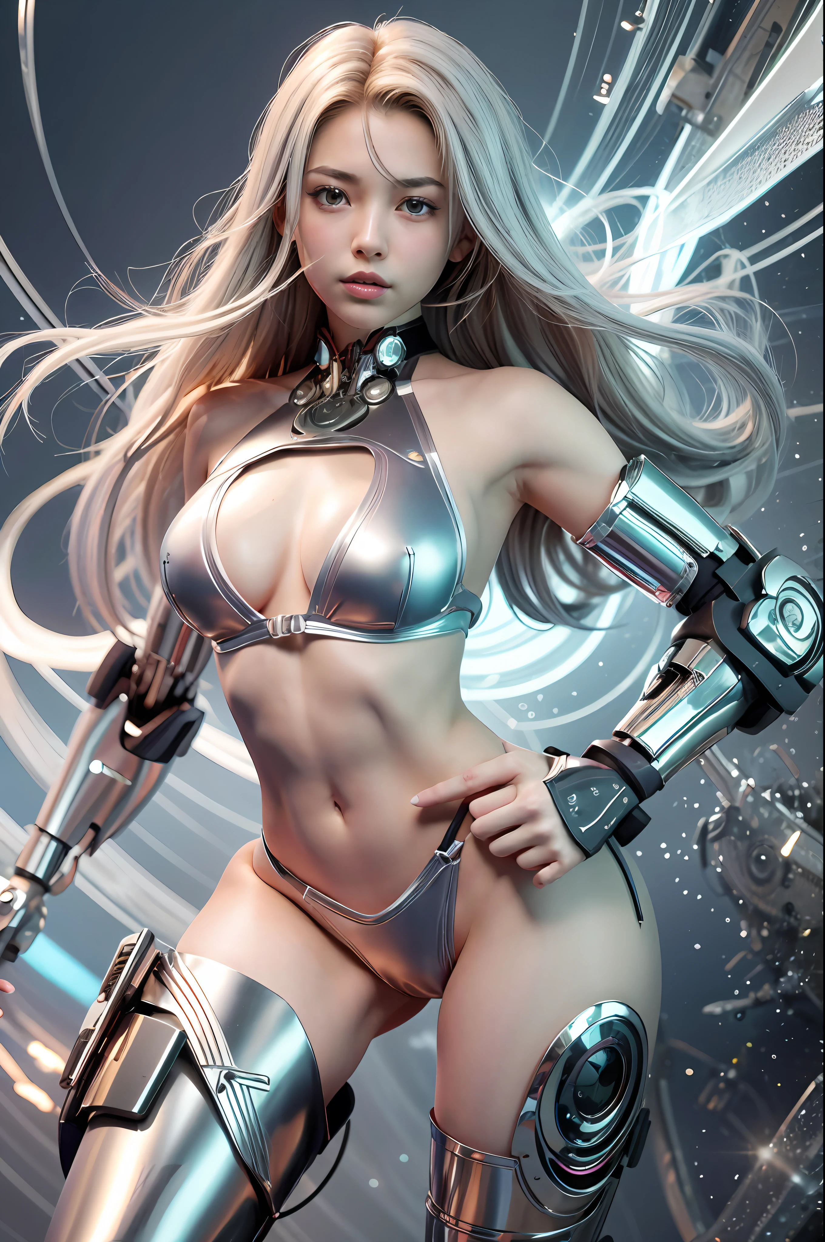 (((All liquid metal skin materials))），（underground room）, Light white skin, down blouse, Loose crop top,, (Loose clothing), Front closed garment,, (There is a large gap between the chest and the clothes),  Visible, small medium breasts, view the viewer，Pose on the wooden floor, smooth digital concept art, Digital art. art  stations, Full body CGsociety, light study, wlop glossy skin, Artstation contest winner, Deviantart ArtStation CGSCOSIETY, artstation painting, by Russell Dongjun Lu, Moebius + loish + Phlegm sputum, phlegm, painted in high resolution