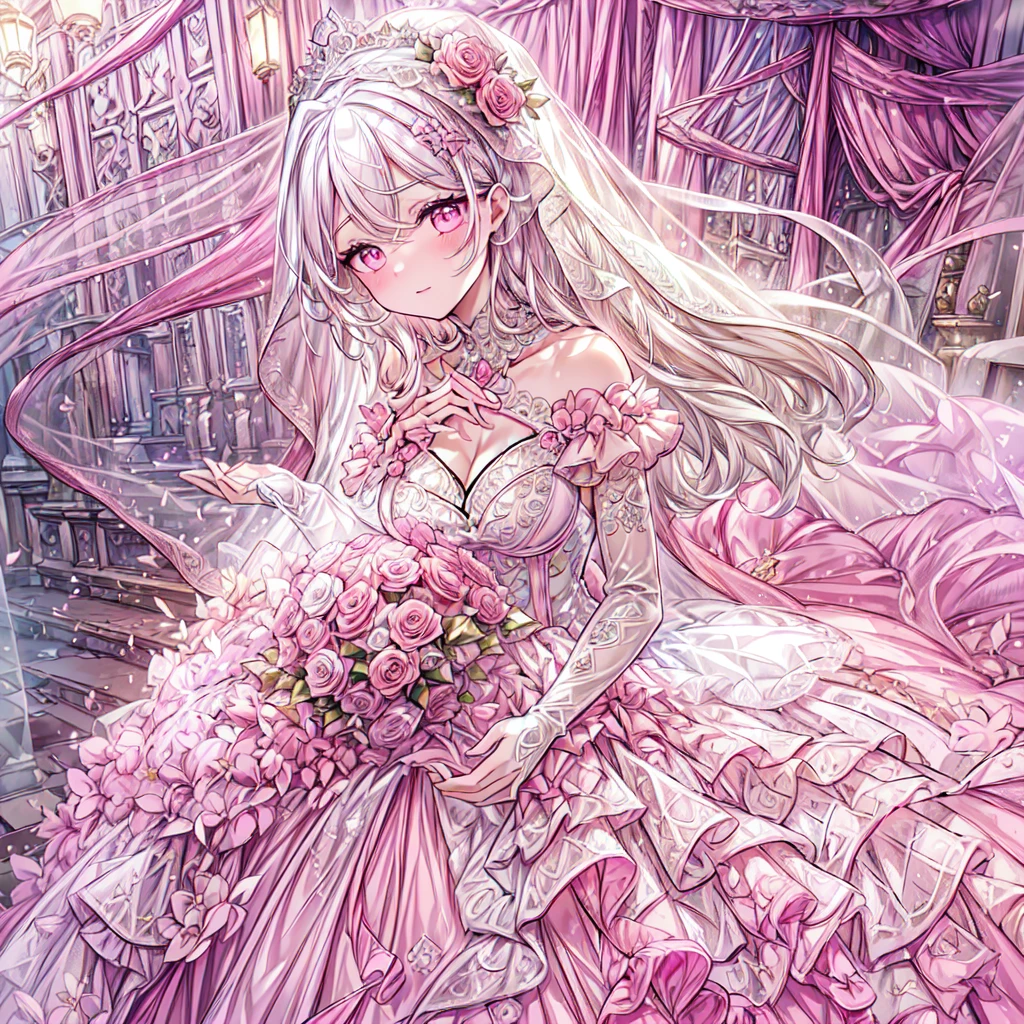 full dress shot, shot from above, frontal shot, full-body illustration, (((full body, depicts whole body, full body portrait, whole body))), portrait, 1girl, solo, beautiful gorgeous captivating cute adorable princess, looking at viewer, cute blush, (blushing:1.5), heavy blush, (pink eyes:1.5) ,(((hyper detail delicate beautiful eyes , big eyes, clear eyes, extremely detailed))), (soft thin lines:1.2, beautiful, delicate and pretty face, young face, smiling), ((large amount of straight hair, extremely voluminous very long hair, absolutely long straight hair)), (white hair:1.5), (extremely gorgeous full hair ornament, bling-bling extremely gorgeous full jeweled tiara), (long bridal veil:1.2), (face veil:1.5), frilly collar, luxurious jewelry, skin dentation, pale skin, slim, (extremely gigantic large breasts:1.5), breasts cleavage, breasts focus, (((extremely detailed hands, delicate hands, beautiful hands, 5-fingers))), (holding a bouquet of flowers:1.1), (frilly long gloves:1.5) (pure pink gown dress:1.5), (((pure pink lace and frills, dress with motif of ribbons and flowers, detailed gorgeous princess ballgown with voluminous full length hoop skirt, gorgeous princess long rococo ballgown with long train, gorgeous princess long rococo ballgown with beautiful embroidery and jeweled))), (long train gown:1.2) , (puffy gown:1.2), (floor length gown:1.5), (gown trailing:1.2), (long sleeves gown:1), (pink laced leather corset:1.5), masterpiece, (Full-HD:1.5), (highres:1.5), (absurdres:1.5), (high quality:1.5), (high resolution:1.5), (best image:1.5), (ultra quality:1.5), HDR, 16K, 32K, (ultra resolution:1.5), (ultra detailed:1.5), (highly detailed:1.5), fantasy scene, dreamy fantasy, fantasy palace background, (standing:1), (glow, god rays, radiant, ethereal, dreamy, heavenly, otherworldly, dream-like, breathtaking, captivating, divine), (depth of field), sharp focus, soft lighting
