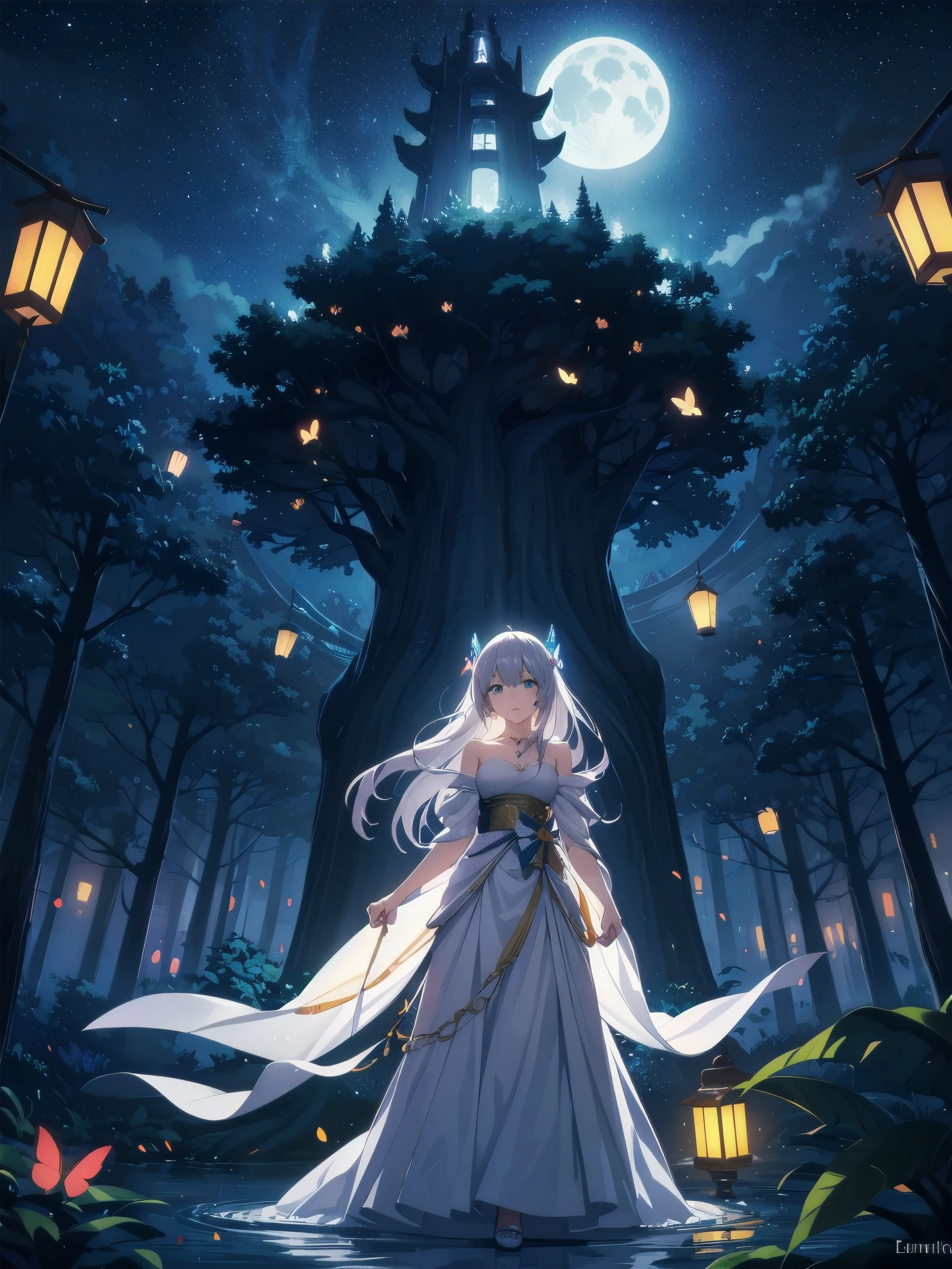 Ultra-high-resolution, magical atmosphere, vibrant colors, dynamic lighting.
BREAK
Girl with long silver hair, emerald eyes, in gown of leaves and flowers. Standing on giant tree branch over mystical forest with floating lanterns, glowing butterflies. Fantastical night sky with stars, large moon. Wide-angle shot, soft luminescent lighting, dreamy effects