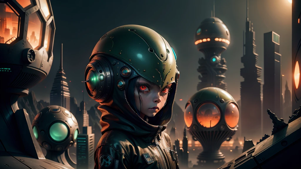 a martian with one eye, detailed alien cyberpunk face, detailed alien head, detailed alien skin texture, alien smoking weed, martian holding a futuristic bong, surreal sci-fi landscape, glowing neon city skyline, crumbling martian architecture, vibrant color palette, dramatic lighting, cinematic composition, intricate detail, photorealistic, 8k, best quality