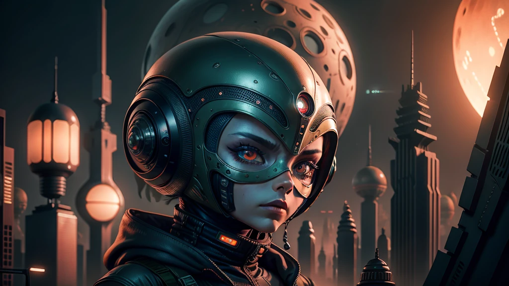 a martian with one eye, detailed alien cyberpunk face, detailed alien head, detailed alien skin texture, alien smoking weed, martian holding a futuristic bong, surreal sci-fi landscape, glowing neon city skyline, crumbling martian architecture, vibrant color palette, dramatic lighting, cinematic composition, intricate detail, photorealistic, 8k, best quality