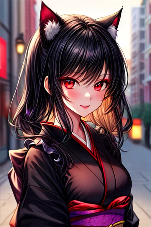 masterpiece, highest quality, ultra high resolution, highest quality, anime style, best writing, beautiful face, (black kimono:1.3), 1 female, beautiful face, beautiful kimono, black hair, beautiful makeup, Upper body, red eyes, Cat pupil, City of night, best smile, upper body, turn your body to the left