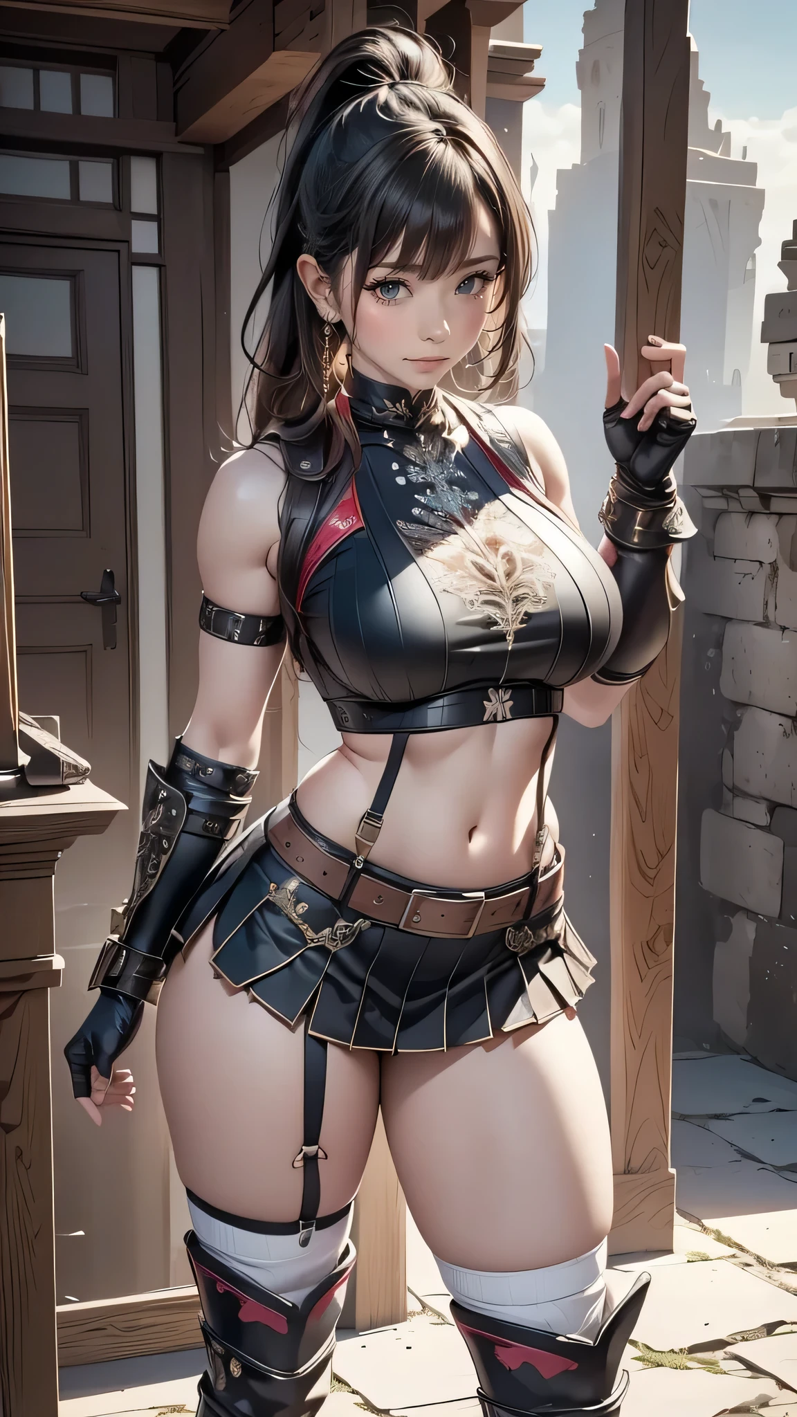 Unreal Engine 5 Photorealistic Rendering, (masterpiece, best quality), Intricate details, (best quality)), ((masterpiece)), ((Practical)), (Surrealism:1.2), (Fractal Art:1.2), 
1 girl, 7rtifa, Crop Top, Arm Guard, Fingerless gloves, Suspenders, Pleated mini skirt, black, Red boots extremely detailed eyes, Colorful, Most detailed, 
Vibrant colors, High contrast,
(8K Ultra HD:1.2), (photoPractical:1.2), Pretty Face, top body is hyper Practical thicc muscle and hyper largest_Chest!! with Chest type_melon, The butt is so big, Hydrated and shiny body