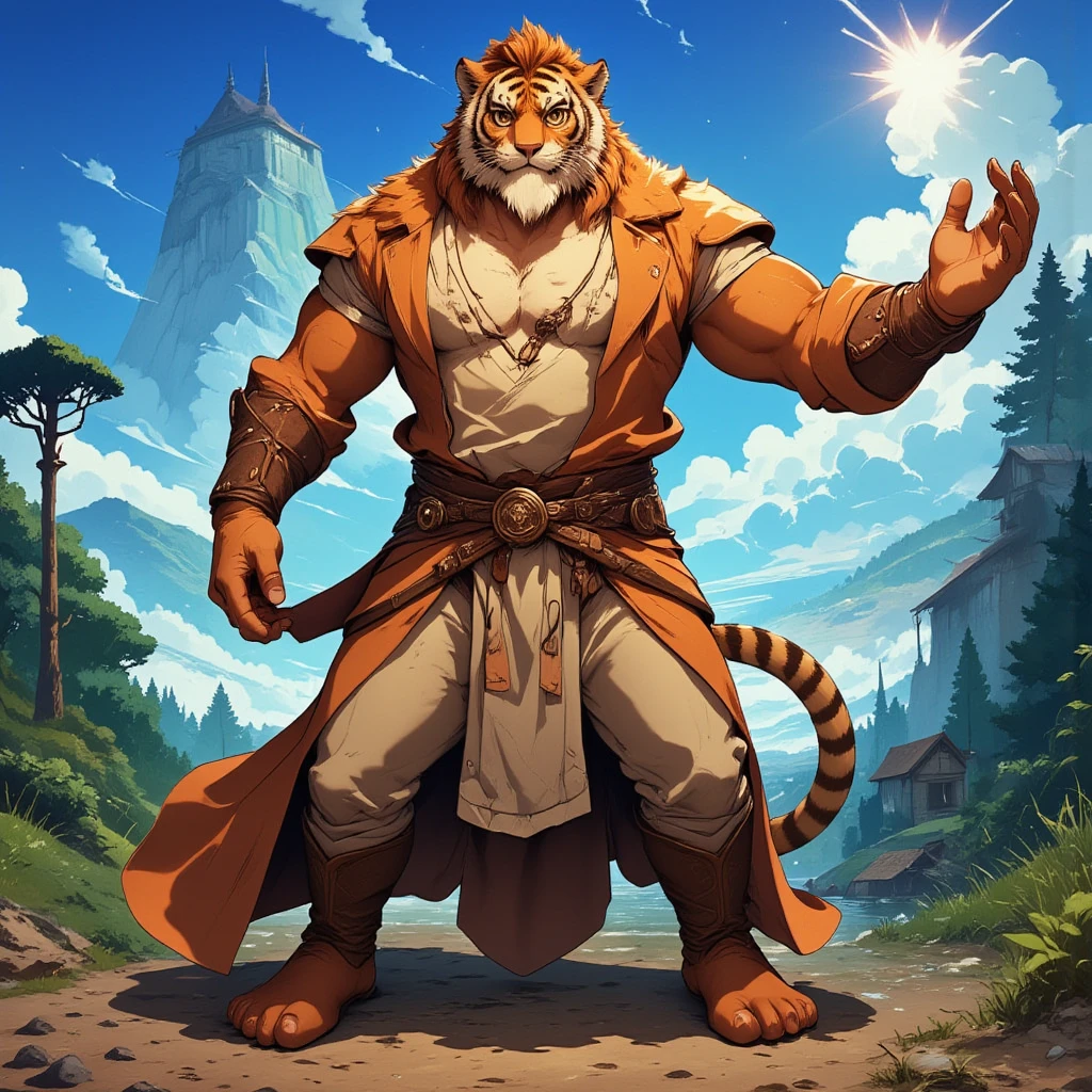 character focus, full body, looking away, various angle, european fantasy, wizard, a muscular middle-aged tiger man, heroic costume clothes, robe, shirt, pants, casting magic, dynamic pose, BREAK complete anatomy, perfect proportions, beautiful thigh gap, fluffy body, intricate fur details, beautiful fur texture, BREAK a detailed tiger 1tail, detailed boots, detailed foot, detailed hands, 5fingers, 5fingers nails, BREAK aesthetic anime face, insanity detailed face, male face, big face, square jawline, aesthetic anime eyes, detailed brown eyes, detailed brown cornea, detailed dark brown irises, detailed pupils, male eyes, big eyes, male eyebrows, innocent look, beautiful beard, BREAK full body in Michelangelo Buonarroti style, digital illustration anime, housamo style, detailed painting landscape, beach, path, outdoor, full color, HDR, BREAK masterpiece, official art, best quality, very aesthetic, absurdres, super fine illustration, great quality, BREAK noise reduction, very highres, large filesize, high quality, 32K, 8k wallpaper, dynamic lighting, BREAK insanity detailed, ultra detailed, intricate details, extremely detailed, detailed texture, an extremely delicate and beautiful, BREAK osukemo, e621 illustration, kemohomo, anthropomorphic, furry, cartoon, harmonious body, pastoral face, virtuous eyes, epic atmosphere