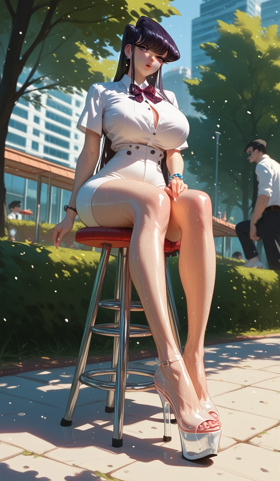 Picture from below, komi, thin legs, huge breasts, white shirt, sitting on a high stool, park, detailing the body, high building, shiny fur, white pants, platform shoes with high heels, suffering from heat, having an ice cream,