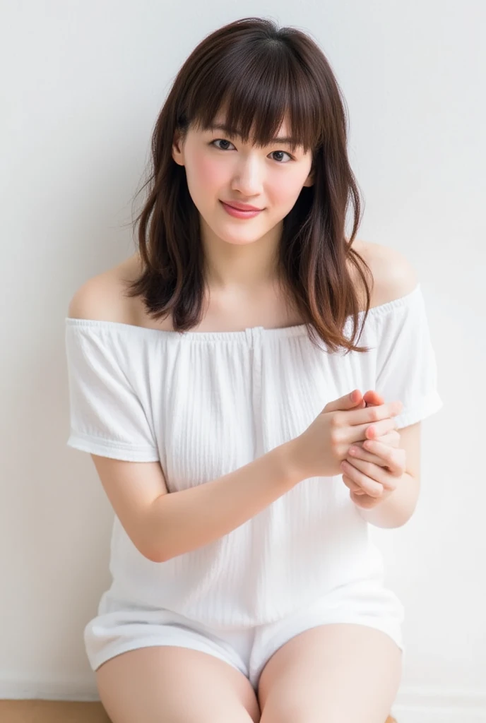 Full body shot from the front、Wearing off-the-shoulder mini one-piece pajamas, I'm sitting while looking at me while taking a pose with the knee bent and the knee spread, Slender bare legs 、smile、The background is a monotone 

