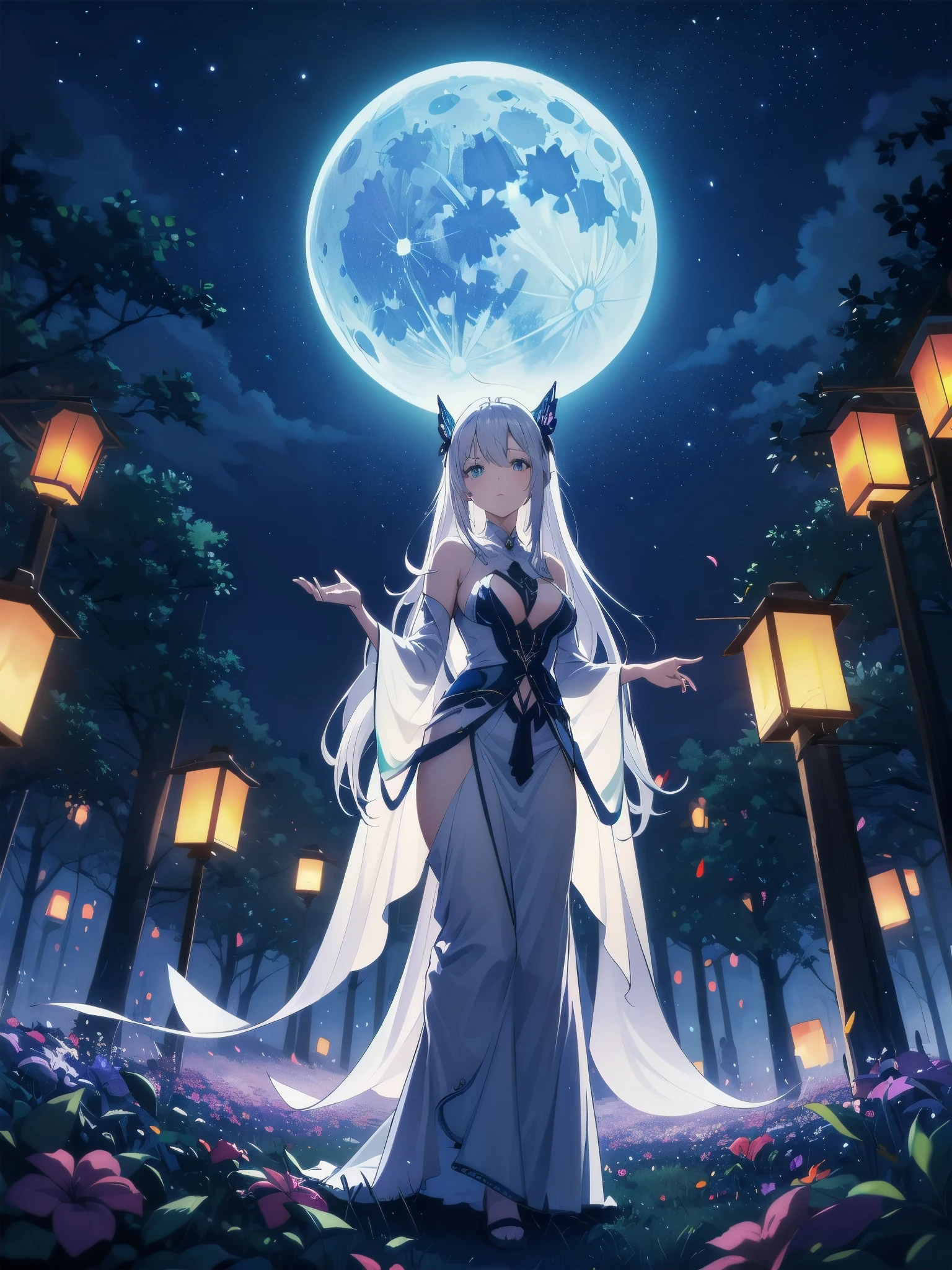 Ultra-high-resolution, magical atmosphere, vibrant colors, dynamic lighting.
BREAK
Girl with long silver hair, emerald eyes, in gown of leaves and flowers. Standing on giant tree branch over mystical forest with floating lanterns, glowing butterflies. Fantastical night sky with stars, large moon. Wide-angle shot, soft luminescent lighting, dreamy effects