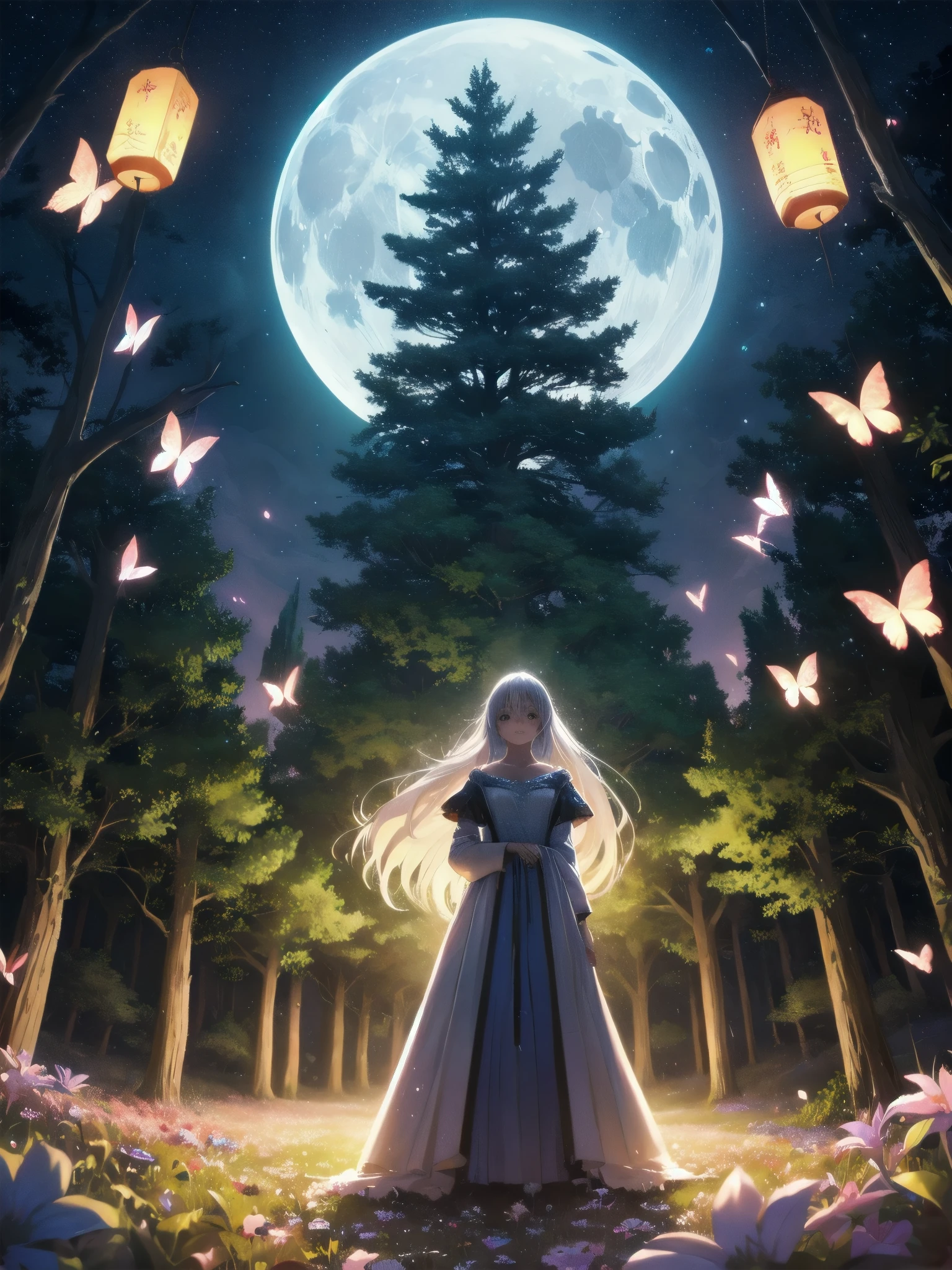 Ultra-high-resolution, magical atmosphere, vibrant colors, dynamic lighting.
BREAK
Girl with long silver hair, emerald eyes, in gown of leaves and flowers. Standing on giant tree branch over mystical forest with floating lanterns, glowing butterflies. Fantastical night sky with stars, large moon. Wide-angle shot, soft luminescent lighting, dreamy effects