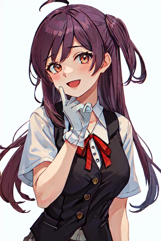 Best Quality, masterpiece,  high definition, Alone, {Hagi-style_ fleet of projectiles is this:1.15}, length_hair, purple_hair, One_side_up, Ahoge, brown_eye, , ribbon, red_ribbon, vest, neck_ribbon, smile, breast, black_vest, blouse, open_mouth,  1 girl, alternine_ costume, collarbOne,  staring _in_ viewers, Simple_background, black_shirt,  jacket, purple_eye, shirt, white_background, :d, open_Clothes