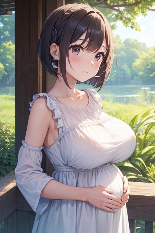 Highest quality、High resolution、Detailed Background、(Beautiful face in every detail:1.4)、Anatomically correct、(Normal number of fingers:1.2)、(Highly detailed face:1.2)、(Detailed eyes:1.2)、Teenage beauty、(Huge breasts:1.2)、Perfect body line、Light color hair、Braided bob cut、Braided Ponytail、well-groomed eyebrows、
The morning breeze blows and the soft light shines in.、When I open the window, cool air still flows in.、
I can hear the birds chirping and the leaves swaying gently、Fresh green tree々The blue sky is peeking through、
As I walk, a pleasant breeze brushes my cheeks、It&#39;s getting warmer、Early summer morning、
I feel light and refreshed, as if my heart is being cleansed.、Walking together and having lively conversations、
Relaxing surrounded by nature、A refreshing start to a wonderful day、
Gentle morning light、A gentle breeze、clear々Atmosphere、Birds chirping、
Spend time surrounded by nature、Quiet and clear time、Such a refreshing morning、My heart feels refreshed、cute,pregnant, can see the whole body 