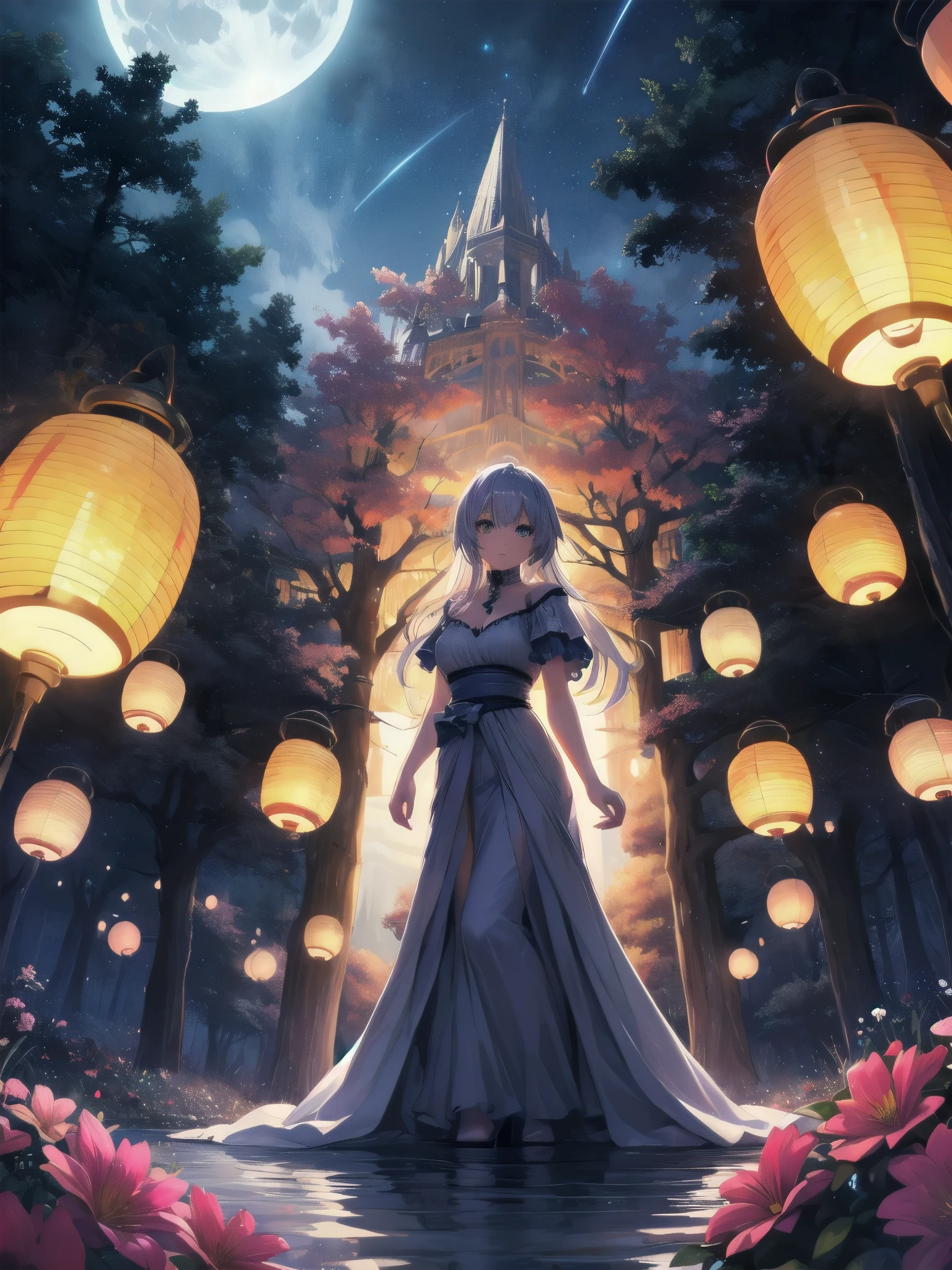 Ultra-high-resolution, magical atmosphere, vibrant colors, dynamic lighting.
BREAK
Girl with long silver hair, emerald eyes, in gown of leaves and flowers. Standing on giant tree branch over mystical forest with floating lanterns, glowing butterflies. Fantastical night sky with stars, large moon. Wide-angle shot, soft luminescent lighting, dreamy effects