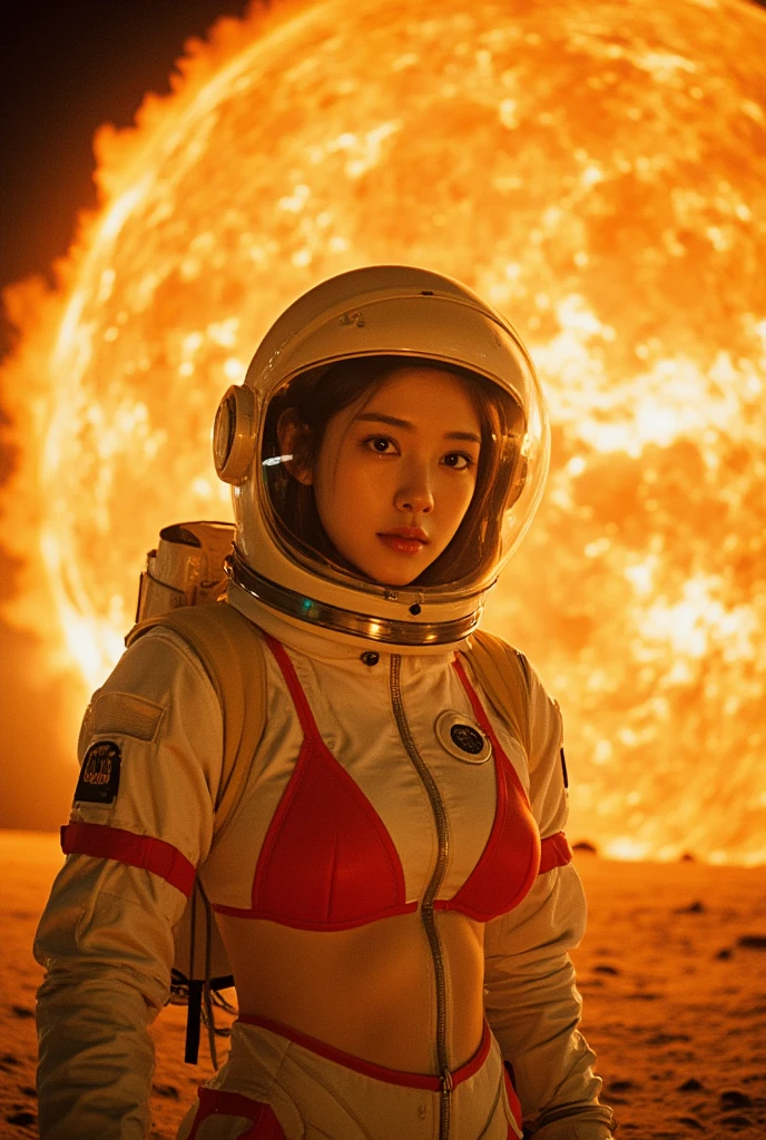 There is a cute Korean girl in space. Shy smile. She has big breasts. She is wearing a spacesuit helmet on her head, but also wearing micro bikini. Behind her, a huge sun is seen exploding. Film