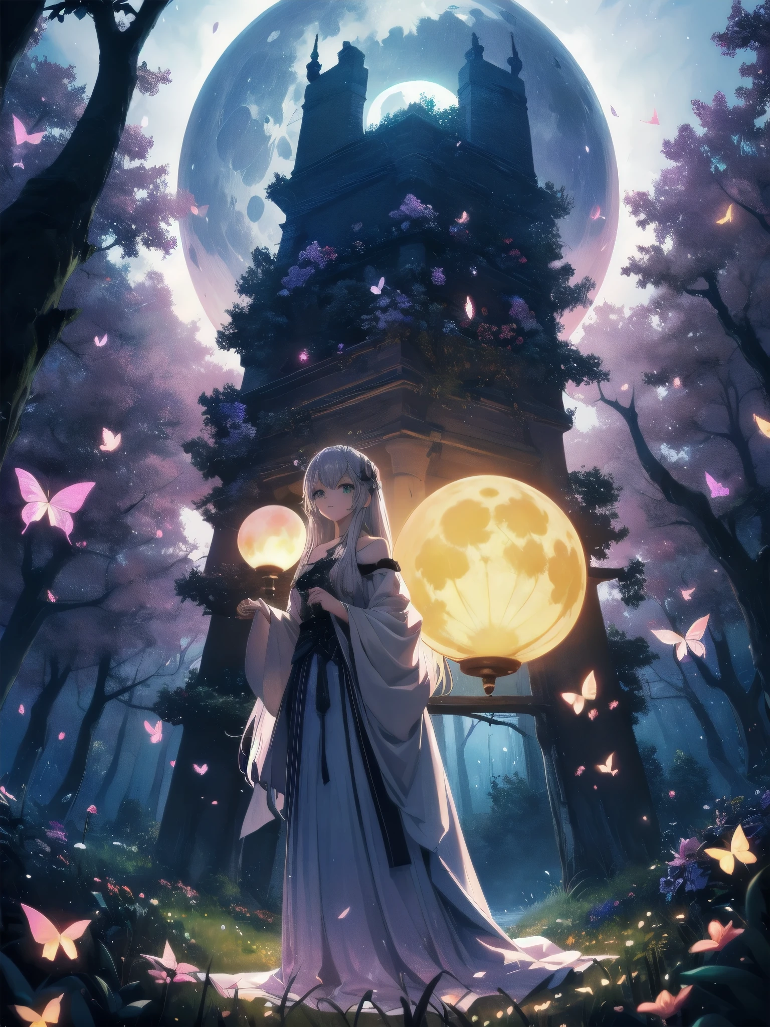 Ultra-high-resolution, magical atmosphere, vibrant colors, dynamic lighting.
BREAK
Girl with long silver hair, emerald eyes, in gown of leaves and flowers. Standing on giant tree branch over mystical forest with floating lanterns, glowing butterflies. Fantastical night sky with stars, large moon. Wide-angle shot, soft luminescent lighting, dreamy effects