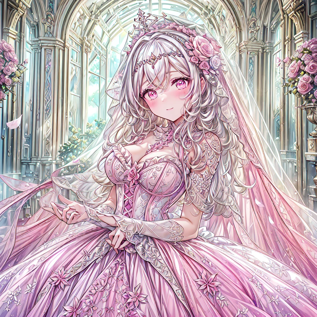 full dress shot, shot from above, frontal shot, full-body illustration, (((full body, depicts whole body, full body portrait, whole body))), portrait, 1girl, solo, beautiful gorgeous captivating cute adorable princess, looking at viewer, cute blush, (blushing:1.5), heavy blush, (pink eyes:1.5) ,(((hyper detail delicate beautiful eyes , big eyes, clear eyes, extremely detailed))), (soft thin lines:1.2, beautiful, delicate and pretty face, young face, smiling), ((large amount of straight hair, extremely voluminous very long hair, absolutely long straight hair)), (white hair:1.5), (extremely gorgeous full hair ornament, bling-bling extremely gorgeous full jeweled tiara), (long bridal veil:1.2), (face veil:1.5), frilly collar, luxurious jewelry, skin dentation, pale skin, slim, (extremely gigantic large breasts:1.5), breasts cleavage, breasts focus, (((extremely detailed hands, delicate hands, beautiful hands, 5-fingers))), (frilly long gloves:1.5) (pure pink gown dress:1.5), (((pure pink lace and frills, dress with motif of ribbons and flowers, detailed gorgeous princess ballgown with voluminous full length hoop skirt, gorgeous princess long rococo ballgown with long train, gorgeous princess long rococo ballgown with beautiful embroidery and jeweled))), (long train gown:1.2) , (puffy gown:1.2), (floor length gown:1.5), (gown trailing:1.2), (long sleeves gown:1), (pink laced leather corset:1.5), masterpiece, (Full-HD:1.5), (highres:1.5), (absurdres:1.5), (high quality:1.5), (high resolution:1.5), (best image:1.5), (ultra quality:1.5), HDR, 16K, 32K, (ultra resolution:1.5), (ultra detailed:1.5), (highly detailed:1.5), fantasy scene, dreamy fantasy, fantasy palace background, (standing:1), (glow, god rays, radiant, ethereal, dreamy, heavenly, otherworldly, dream-like, breathtaking, captivating, divine), (depth of field), sharp focus, soft lighting