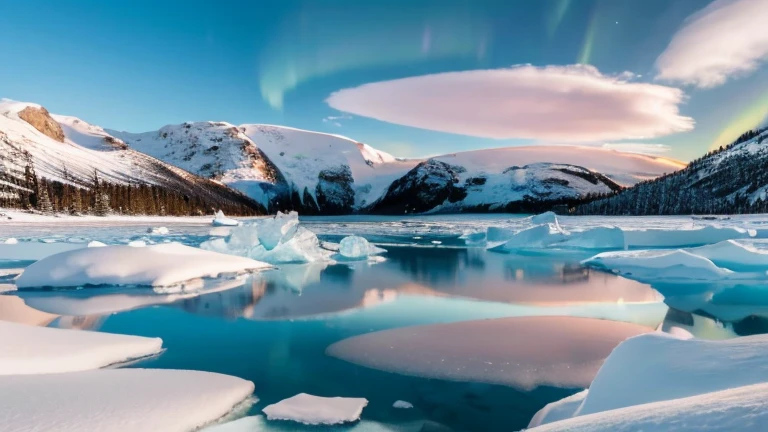 a large body of water surrounded by snow covered rocks,  Winter Lake Scenery ,  Ice Lake Scenery ,  Ice Lake Scenery ,  Desolate Glacier Scenery,  Sparse Frozen Scenery , Frozen Lake, Snow Powder Snow ,  Desolate Arctic Scenery  , Wide-angle landscape photography,  Rocky Lake Shore , Snow Scene, By Kume Keiichiro , 8K Ultra HD,  Unreal Engine 5 ,mountain,forest,cloud,Dark Places,  Colorful Aurora  , pink, green, green, red, 