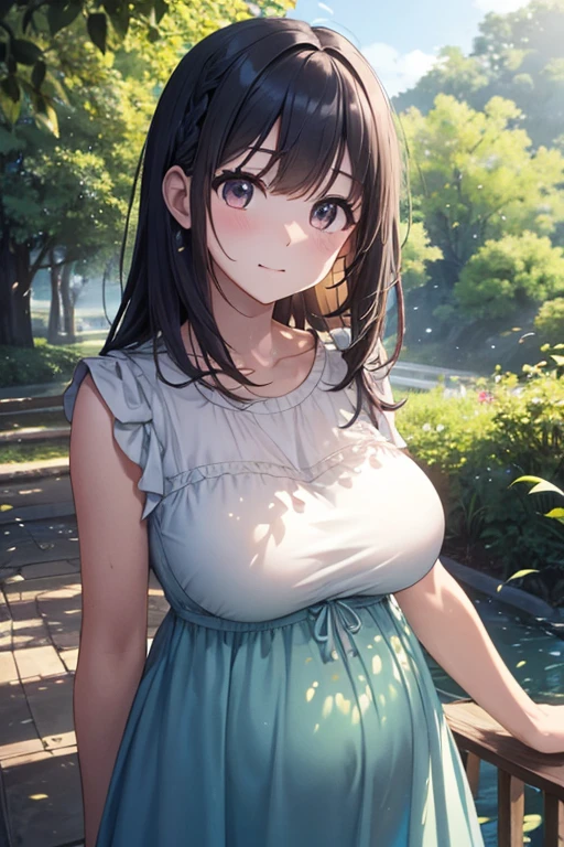 Best Quality、 high resolution、Detailed Background、( Every detail is a beautiful face :1.4)、 anatomically correct 、( Normal Number of Fingers :1.2)、( Highly fine face :1.2)、( Detailed Eyes :1.2)、Youthful Beauty、(Big Breasts:1.2)、Perfect body line 、 Blue Hair 、long hair、 Trimming neat eyebrows 、
 The breeze blows in the early morning ， Soft light falls .、 When I open the window ,  Still a cool breeze blowing in .、
 I can hear the chirping of birds and the light swaying of the leaves、 fresh green trees 々 The blue sky detects from me 、
When I walk ,  A pleasant breeze fluttering my cheeks 、it&#39; The weather is getting warmer 、Early summer morning、
 I feel relaxed In ,  It's like my heart is washed .、 x} Take a walk together and have a heated conversation 、
 Relax in nature 、 A great day starts fresh 、
 Gentle morning light 、 A gentle breeze 、Clear々atmosphere、 birdsong 、
 Enjoy time surrounded by nature 、Quiet and Clear time、 Such a refreshing morning 、 my heart feels comfortable 、cute,Pregnant,  can see the whole body  