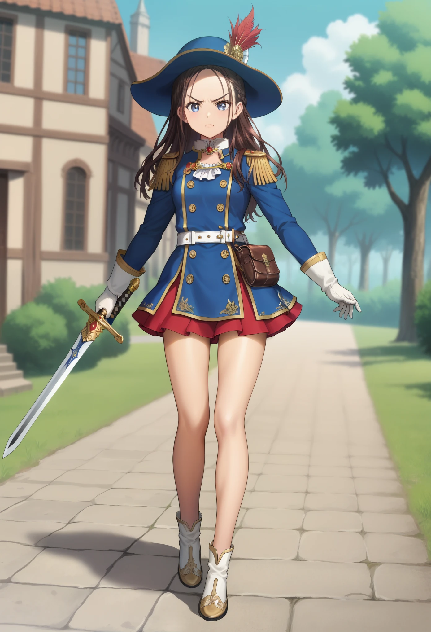 score_9, score_8_up, score_7_up, masterpiece, high res, detailed face, detailed eyes, anime screencap, 1 girl, solo, angry, sword duel pose, tall, slender, brown hair. forehead, grey eyes, long hair, blue outfit, short skirt, musketeer hat, red plume, white collar, bare legs, gloves, outdoors, full body, cowboyshot