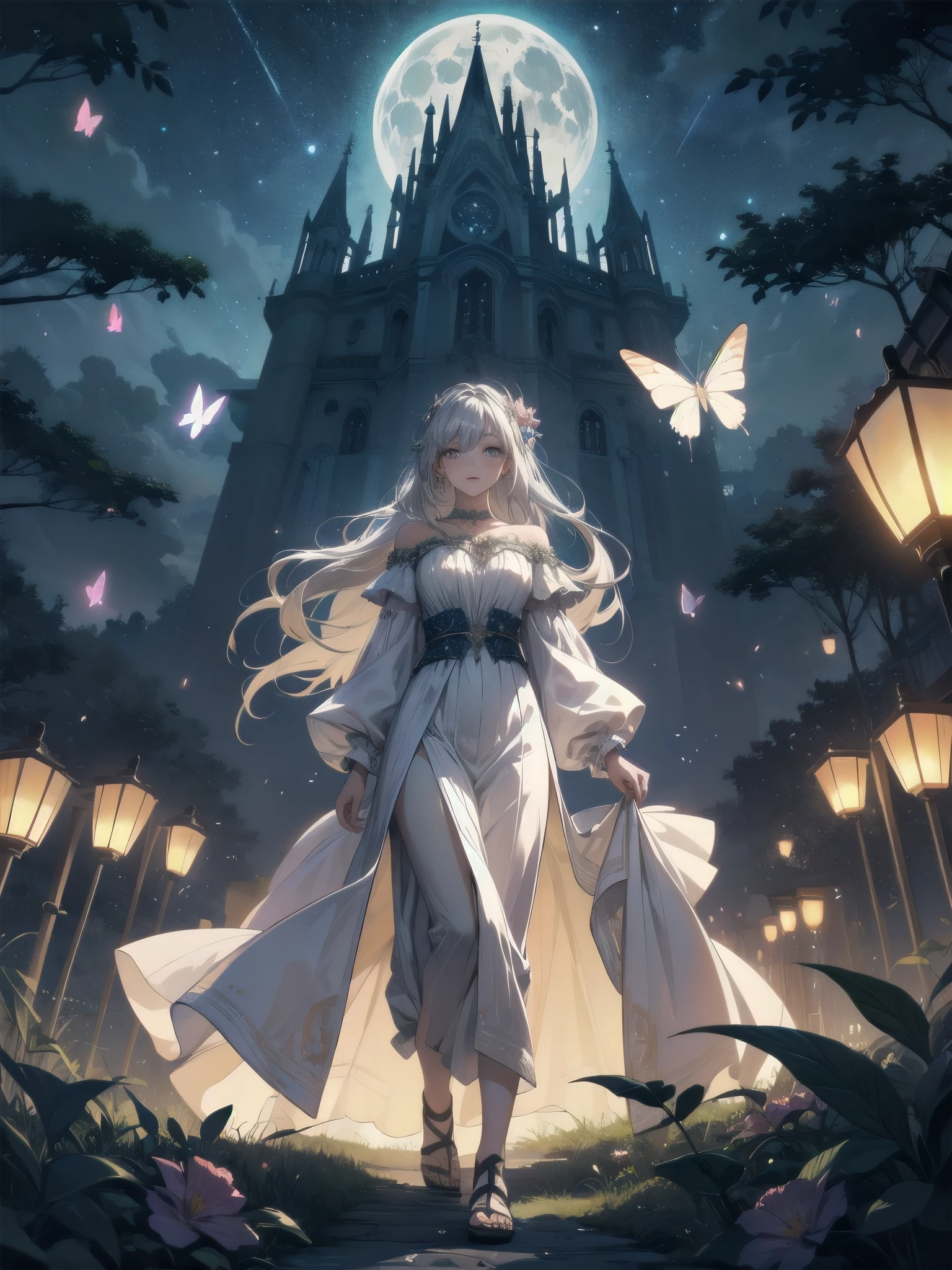 Ultra-high-resolution, magical atmosphere, vibrant colors, dynamic lighting.
BREAK
Girl with long silver hair, emerald eyes, in gown of leaves and flowers. Standing on giant tree branch over mystical forest with floating lanterns, glowing butterflies. Fantastical night sky with stars, large moon. Wide-angle shot, soft luminescent lighting, dreamy effects