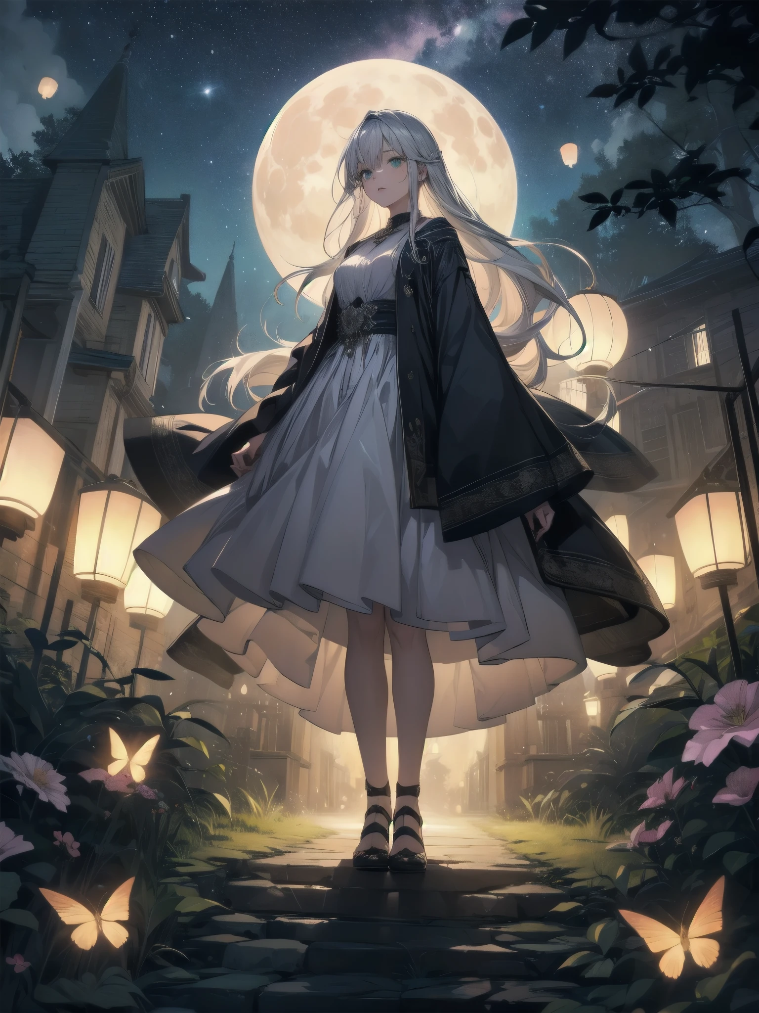 Ultra-high-resolution, magical atmosphere, vibrant colors, dynamic lighting.
BREAK
Girl with long silver hair, emerald eyes, in gown of leaves and flowers. Standing on giant tree branch over mystical forest with floating lanterns, glowing butterflies. Fantastical night sky with stars, large moon. Wide-angle shot, soft luminescent lighting, dreamy effects