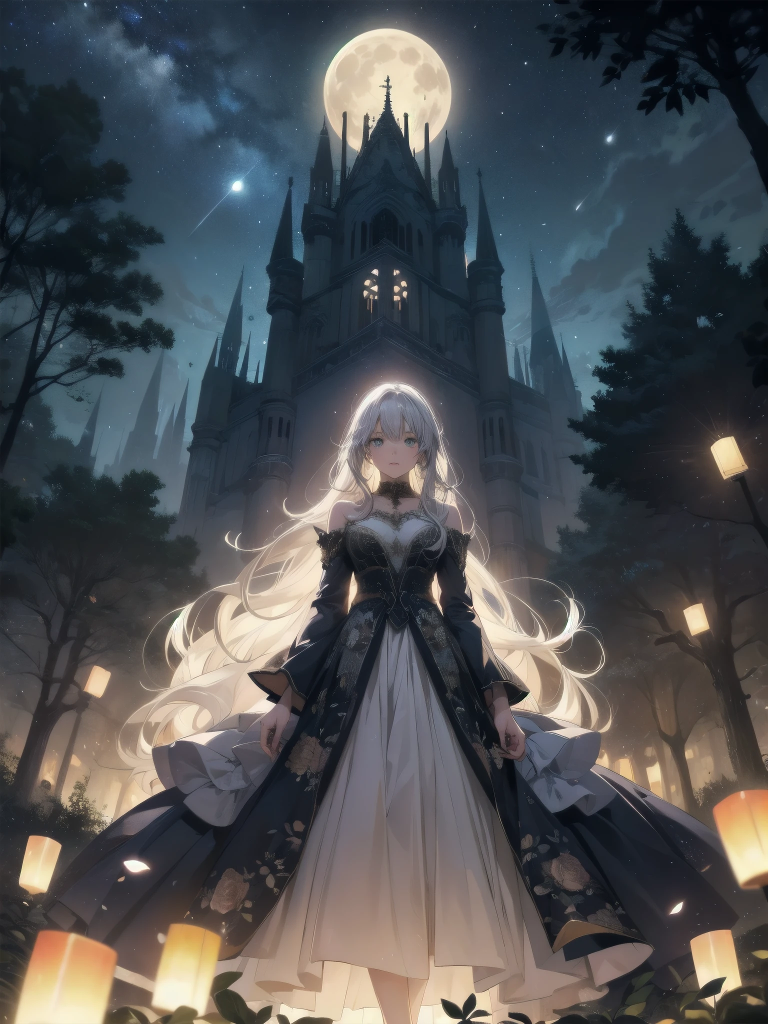 Ultra-high-resolution, magical atmosphere, vibrant colors, dynamic lighting.
BREAK
Girl with long silver hair, emerald eyes, in gown of leaves and flowers. Standing on giant tree branch over mystical forest with floating lanterns, glowing butterflies. Fantastical night sky with stars, large moon. Wide-angle shot, soft luminescent lighting, dreamy effects