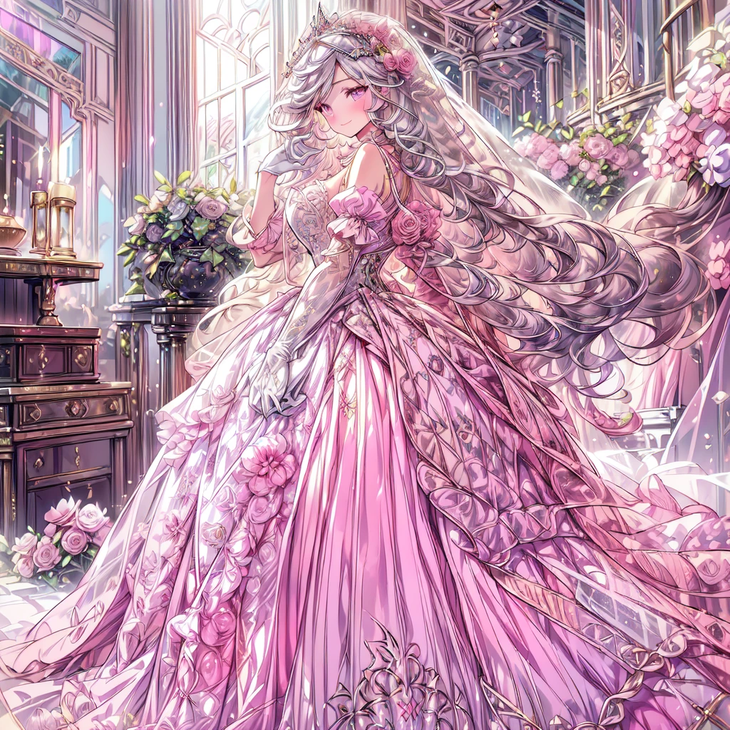 full dress shot, shot from above, frontal shot, full-body illustration, (((full body, depicts whole body, full body portrait, whole body))), portrait, 1girl, solo, beautiful gorgeous captivating cute adorable princess, looking at viewer, cute blush, (blushing:1.5), heavy blush, (pink eyes:1.5) ,(((hyper detail delicate beautiful eyes , big eyes, clear eyes, extremely detailed))), (soft thin lines:1.2, beautiful, delicate and pretty face, young face, smiling), ((large amount of straight hair, extremely voluminous very long hair, absolutely long straight hair)), (white hair:1.5), (extremely gorgeous full hair ornament, bling-bling extremely gorgeous full jeweled tiara), (long bridal veil:1.2), (face veil:1.5), frilly collar, luxurious jewelry, skin dentation, pale skin, slim, (extremely gigantic large breasts:1.5), breasts cleavage, breasts focus, (((extremely detailed hands, delicate hands, beautiful hands, 5-fingers))), (frilly long gloves:1.5) (pure pink gown dress:1.5), (((pure pink lace and frills, dress with motif of ribbons and flowers, detailed gorgeous princess ballgown with voluminous full length hoop skirt, gorgeous princess long rococo ballgown with long train, gorgeous princess long rococo ballgown with beautiful embroidery and jeweled))), (long train gown:1.2) , (puffy gown:1.2), (floor length gown:1.5), (gown trailing:1.2), (long sleeves gown:1), (pink laced leather corset:1.5), masterpiece, (Full-HD:1.5), (highres:1.5), (absurdres:1.5), (high quality:1.5), (high resolution:1.5), (best image:1.5), (ultra quality:1.5), HDR, 16K, 32K, (ultra resolution:1.5), (ultra detailed:1.5), (highly detailed:1.5), fantasy scene, dreamy fantasy, fantasy palace background, (standing:1), (glow, god rays, radiant, ethereal, dreamy, heavenly, otherworldly, dream-like, breathtaking, captivating, divine), (depth of field), sharp focus, soft lighting
