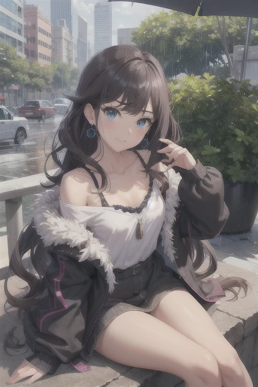 Ichinose_Mode,  blue eyes, ( medium chest:1.5), length hair, wavy hair, brown hair, (purple hair:0.5),  Big Eyes,   earrings for a woman alone,  jewellery, clavicle,  Building, Bush, cin, city, cityscape, cloud, coin, day, flower, flower_, fur_trim, Home, Ichinose_Mode, Ivy,  jacket, leaf, length_hair,  staring _in_ viewers, off_ Shoulder , Outdoor, palm _tree, plant, ted_plant, rain, null, nullscraper, Alone, tree, ブドウのtree, rain,  sitting,  sad,