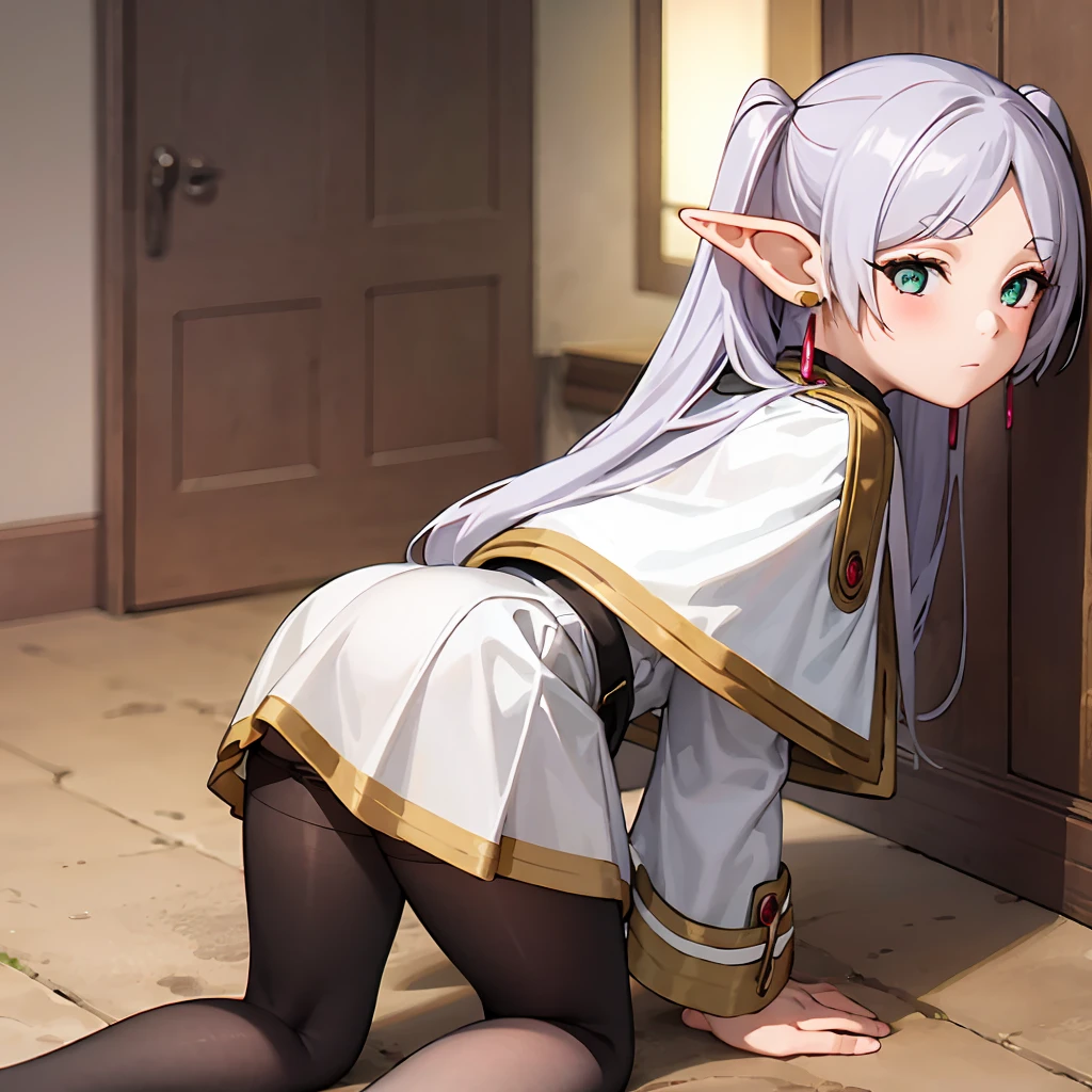  1 girl,  twin tails,  very long hair ,  silver hair,  pointed ears, Elf,  white capelet, green eyes,  black pantyhose,  earrings for a woman alone, White Skirt, belt, White sleeves、((( skirt lift :1.2、Panty shot:1.1)))、Thighs、(( is on all fours、Backwards、look back))