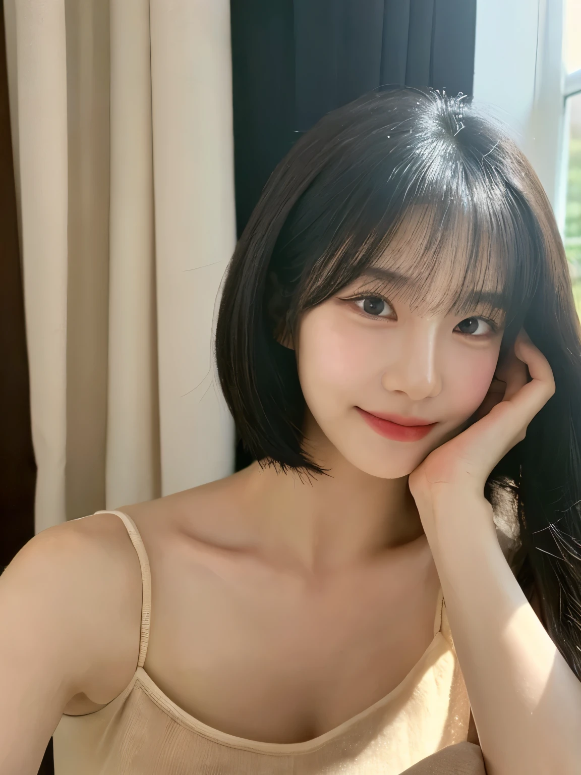 ((Best quality, 8k, Masterpiece :1.3)), upper body, Sharp focus:1.2, Beautiful Korean woman in her 20s with perfect figure :1.4, Slender abs, slender thigh :1.1, ((long hair, bangs, black hair, layered haircut, Big breasts :1.2)), (parted in the middle and framing her face, gently resting her cheek on her hand, slightly angled to the viewer, soft lighting, subtle smile, wearing a light beige sheer top, close-up shot, soft focus, realistic style, (detailed eyes:1.2), (smooth skin:1.1), neutral background,  photorealistic portrait, cinematic lighting), Highly detailed face and skin texture, Detailed eyes, Double eyelid