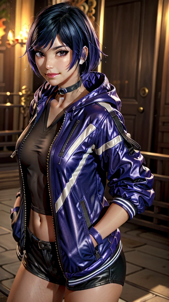 reina mishima, octane render, masterpiece, 1girl, purple hair, absurdres, high quality, jacket, smirking, confident face, small , 