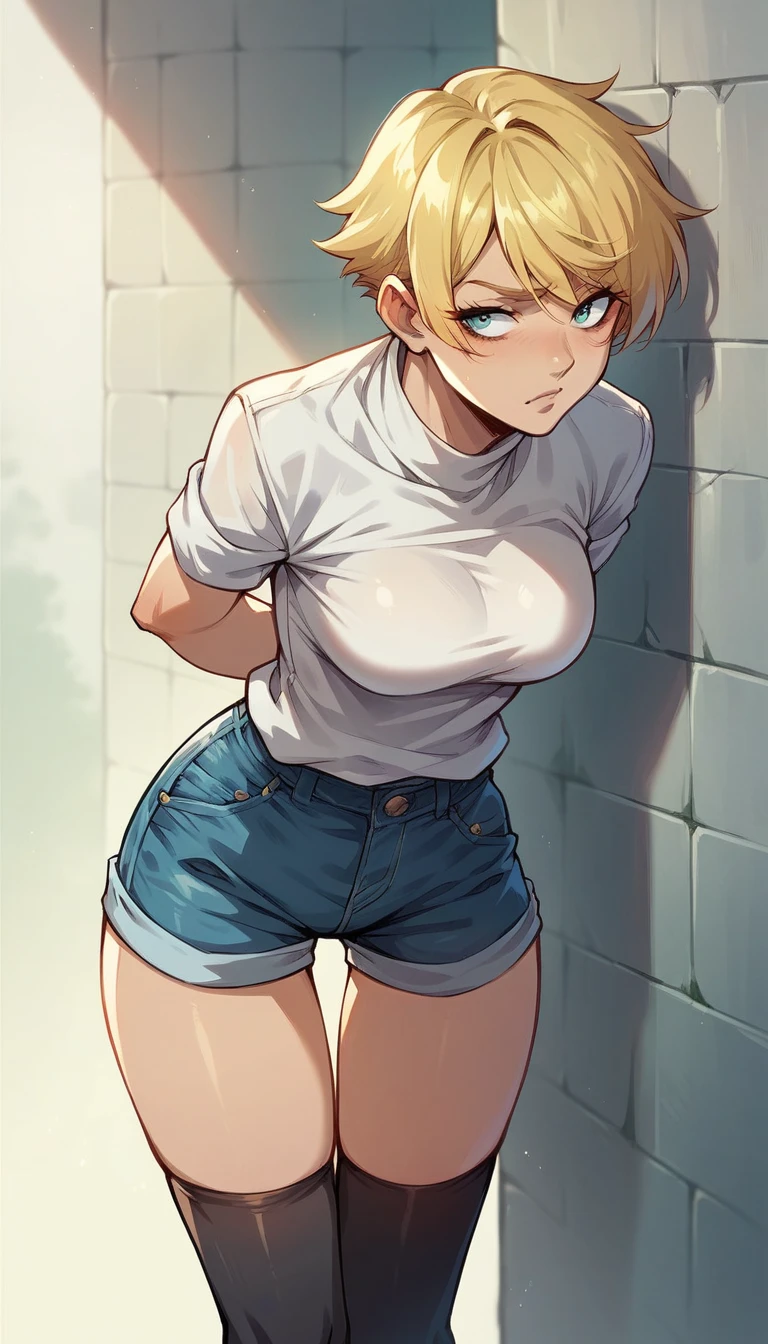 Reika Kurashik, denim shorts , black thigh thigh socks , white shirt with rolled up arms,Blonde, Leaning Forward ,Hands behind back,