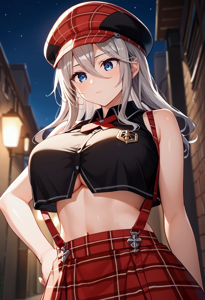 , (full eyes:1.1),  deep skin, glistening skin,cowboy shot  BREAK 1girl, alisa ilinichina amiella,alisa ilinichina amiella costume, solo,grey hair,long hair,blue eyes,large breast, under boob,OPEN CLOTHES:1.2 ,bare shoulders,black crop top,suspenders,red headwear,red plaid skirt, BREAK  fisheye, in alley at night sky,city,looking down, low angle,Standing still with her hands resting on her hips,, bashful,Break, score_9, score_8_up, score_7_up,source_anime, perfect face, perfect composition, (Best Quality),(official art), 8K, Beautiful Face, Beautiful Eyes, Beautiful Skin, Detailed Hair, Shiny Hair, Beautiful Hair, Trending Hair, Perfect Anatomy, Perfect lighting,  (depth of field, blurry background),  cinematic anime composition, cinematic lighting:0.7),(megami magazine),  