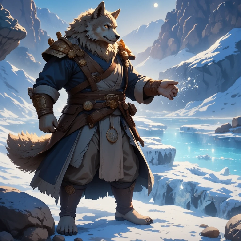 character focus, full body, looking away, various angle, european fantasy, wizard, a muscular middle-aged wolf man, heroic costume clothes, robe, shirt, pants, casting ice magic, dynamic pose, BREAK complete anatomy, perfect proportions, beautiful thigh gap, fluffy body, intricate fur details, beautiful fur texture, BREAK a detailed wolf 1tail, detailed boots, detailed foot, detailed hands, 5fingers, 5fingers nails, BREAK aesthetic anime face, insanity detailed face, male face, big face, square jawline, aesthetic anime eyes, detailed brown eyes, detailed brown cornea, detailed dark brown irises, detailed pupils, male eyes, big eyes, male eyebrows, innocent look, beautiful beard, BREAK full body in Michelangelo Buonarroti style, digital illustration anime, housamo style, detailed painting landscape, mountain, path, outdoor, full color, HDR, BREAK masterpiece, official art, best quality, very aesthetic, absurdres, super fine illustration, great quality, BREAK noise reduction, very highres, large filesize, high quality, 32K, 8k wallpaper, dynamic lighting, BREAK insanity detailed, ultra detailed, intricate details, extremely detailed, detailed texture, an extremely delicate and beautiful, BREAK osukemo, e621 illustration, kemohomo, anthropomorphic, furry, cartoon, harmonious body, pastoral face, virtuous eyes, epic atmosphere