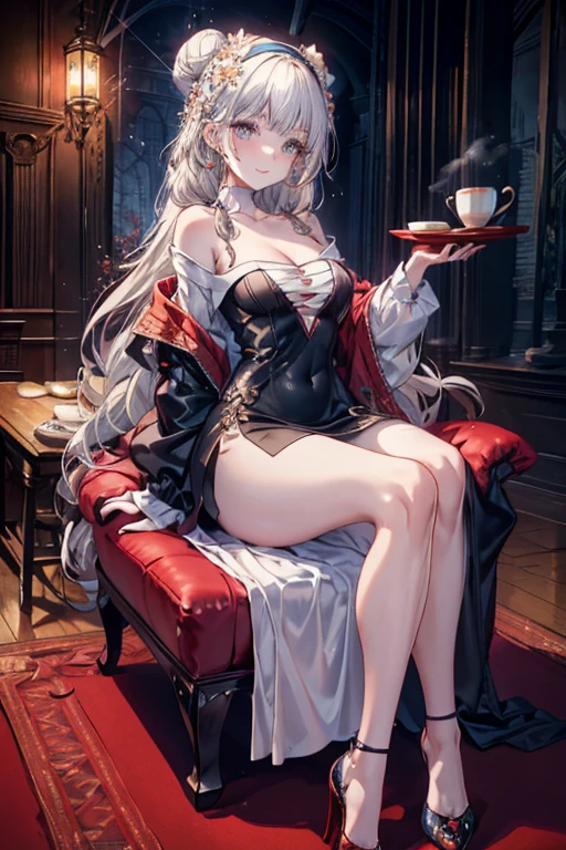 (((Masterpiece))),(((Super Detail))),(((in 8K))),(((best composition))),(((Rim lighting,Fireglow effect,deep shadow))),solo,(Hatsune Miku:1.0),Beautiful fingers,Detailed finger features,(Detailed hair features:1.7),(Dynamic and sexy bending pose:1.3),detailed facial features,detailed clothes features, (perky chest:1.1), (pointed chest:1.3), delicate beautiful face, Bright blue eyes, cute eyes, sparkling eyes, Big eyes, beautiful detailed eyes,double bun with glittering hair ornament,(super detailed glossy skin:1.3),slender body,tits,goddess smile,((with sparkling eyes and a contagious smile)),beautiful posture,have a cup of coffee,black hair, red eyes, dress, bare shoulders, jewelry, collarbone, sidelocks, hairband, earrings, indoors, off shoulder, sweater, arms behind back, plant, short hair with long locks, white hairband, off-shoulder dress, sweater dress, off-shoulder sweater, red sweater, big side hair, very long side hair,(super delicate floral pattern:1.2),seductive cleavage:1.3,beautiful glossy legs,shiny red high heels,lifting dishes with cakesd,french restaurant,hustle and bustle,rising steam,(((depth of fields)))