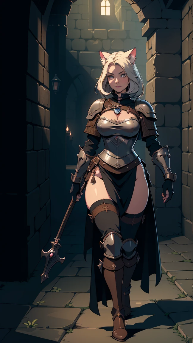 best quality, masterpiece, 8k, ultra detailed, (cat girl, cat female atropomorphic, furry), walking in a dark dungeon, medieval style, anthropomorphic cat girl, medieval dungeon, female anthropomorphic cat, medieval dungeon scenery