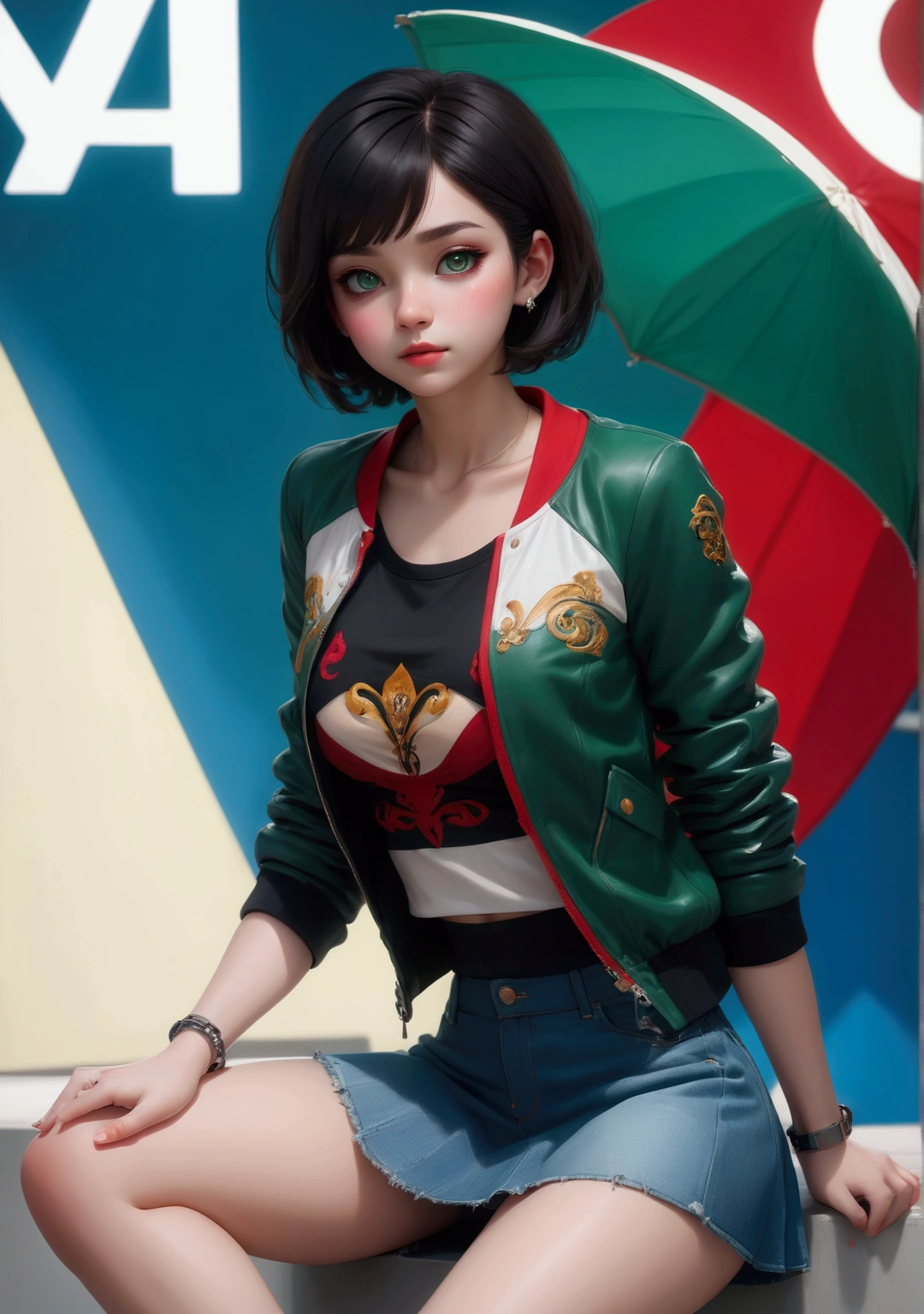 teenage girl, sitting pose, she is black short hair, wearing long sleeves jacket (multicolored jacket, black jacket, dark-green long sleeves, red trims, red collar), white roud neck undershirt (+with green round neck), light-blue denim mini skirt BREAK, (1girl, solo, full body, looking at viewer, front view), (best quality,4k,8k,highres,masterpiece:1.2),ultra-detailed,(realistic,photo-realistic:1.37),cinematic lighting,moody lighting,dramatic shadows,vibrant colors, (expressive eyes, perfect face, perfect anatomy)