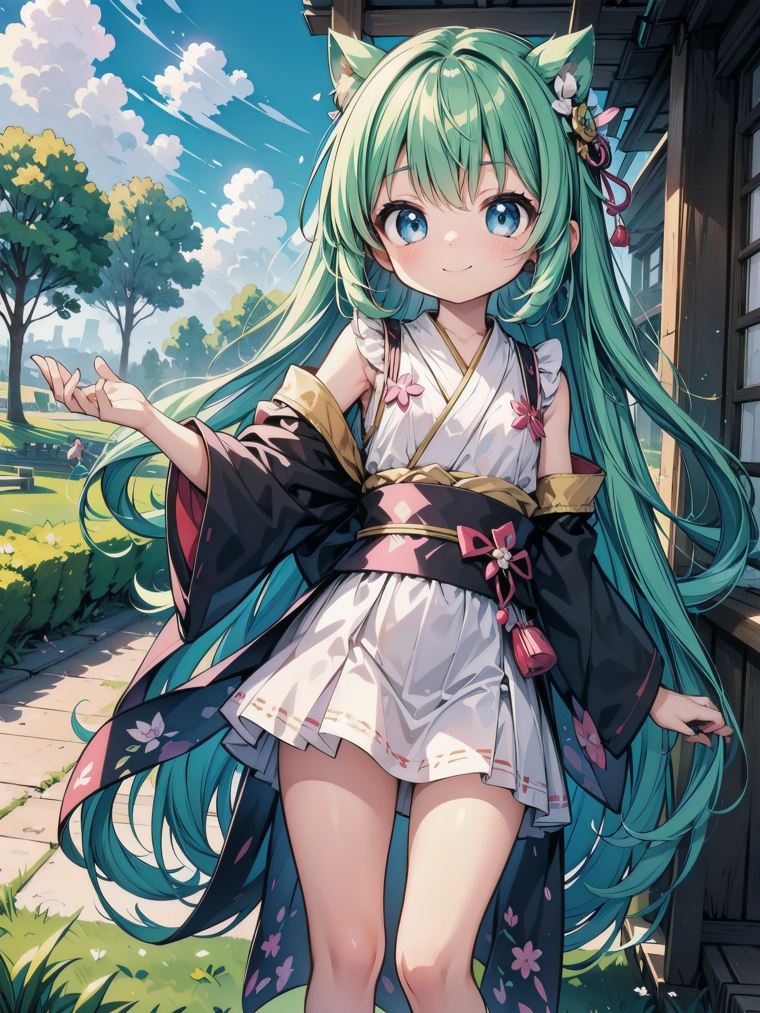 The school festival venue is beautifully detailed and features a Japanese anime-style background. The main heroine is wearing a white dress and is posed in a cute pose with her right leg stretched out in front and left leg pulled back. She has black shoulder-length straight hair, blue round eyes, and a small mouth with a smile. This charming illustration will stick with those who like Japanese illustrations and anime