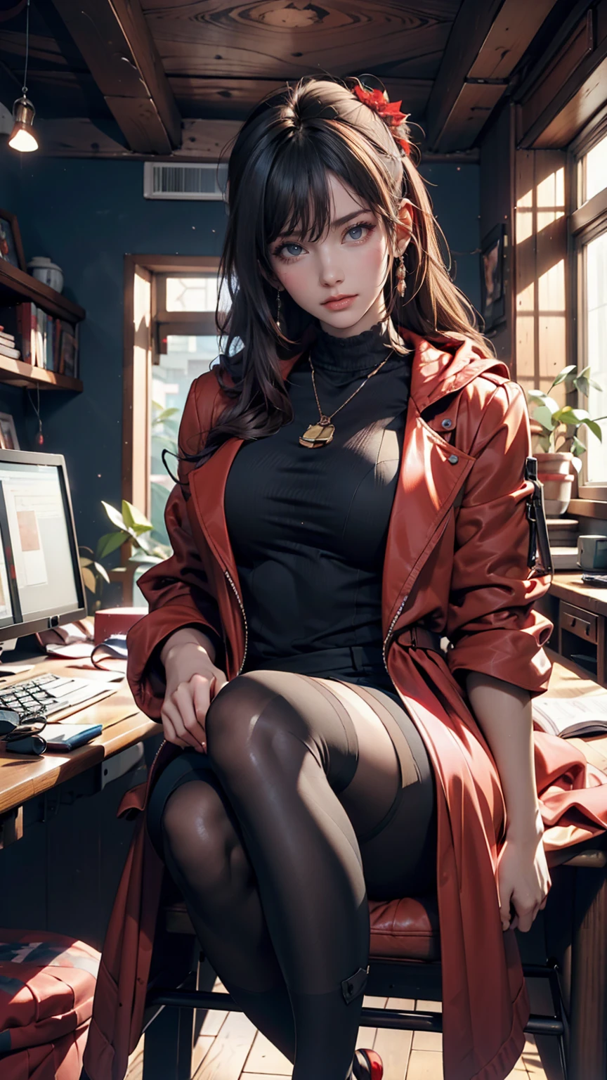  A woman in a red coat sits on a chair with a dragon, ArtStation Popular on Pixiv,  Detailed Anime Art work,  Detailed Digital Anime Art , Complex and gorgeous anime CGI style, Guvez on pixiv art station, Guvez on pixiv,  Anime Fantasy Illustration ,  Detailed Anime Art , clean  Detailed Anime Art ,   Key Watch anime art  , Red lips micro opening, nude